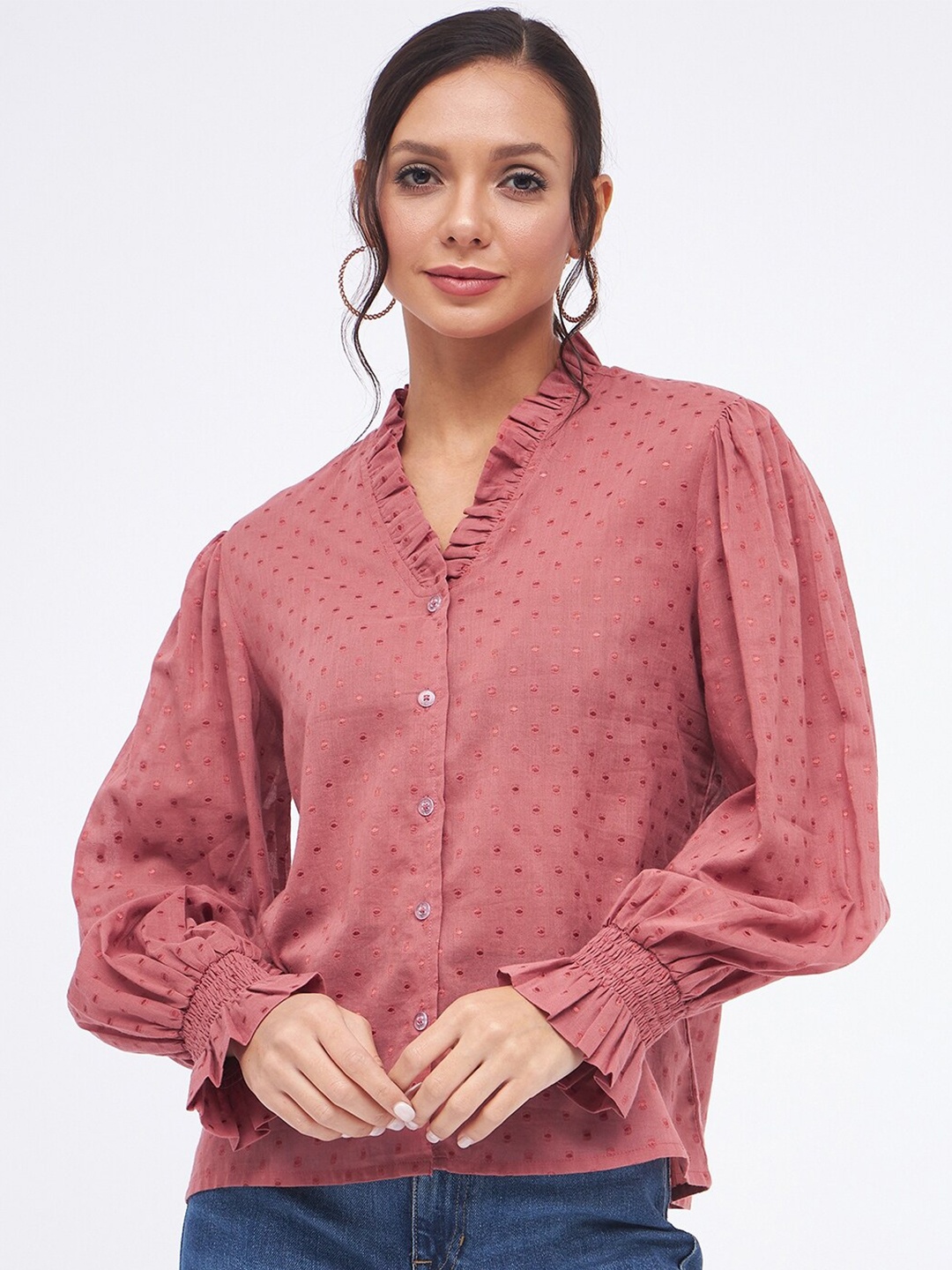 

Kibo V-Neck Self Design Shirt Style Top, Coral