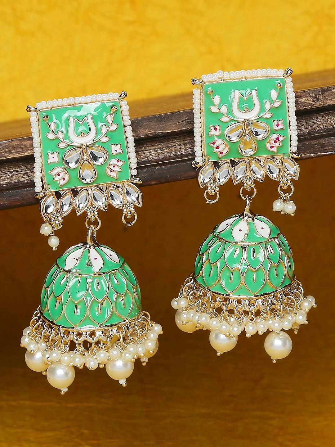 

OOMPH Gold-Plated Dome Shaped Jhumkas Earrings, Sea green