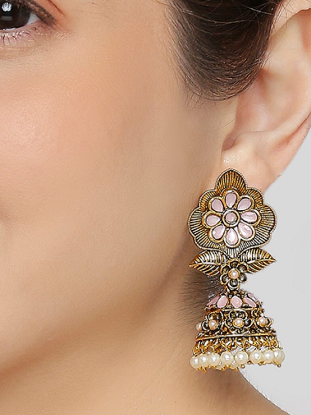 

OOMPH Floral Stone & Pearls Jhumkas Earrings, Pink