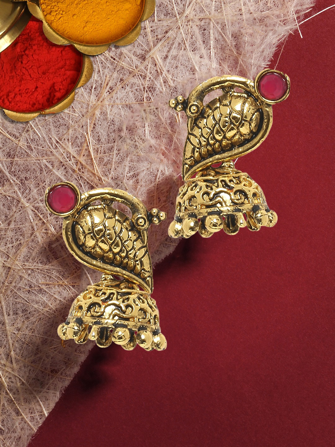 

OOMPH Gold-Plated Peacock Shaped Jhumkas, Red