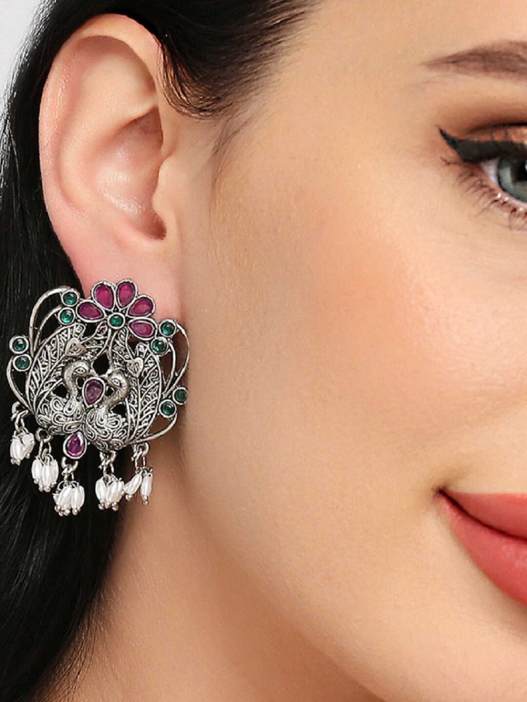 

OOMPH Silver-Plated Oxidised Peacock Shaped Drop Earrings, Maroon