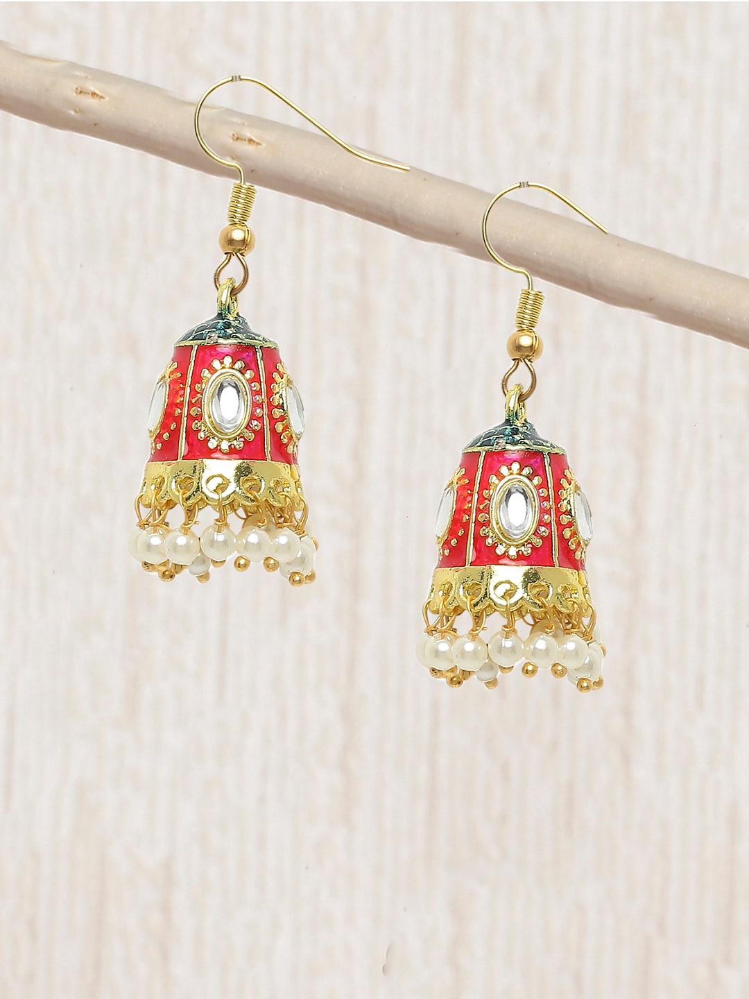 

OOMPH Gold Plated Dome Shaped Kundan & Pearls Studded Meenakari Jhumkas Earrings, Red