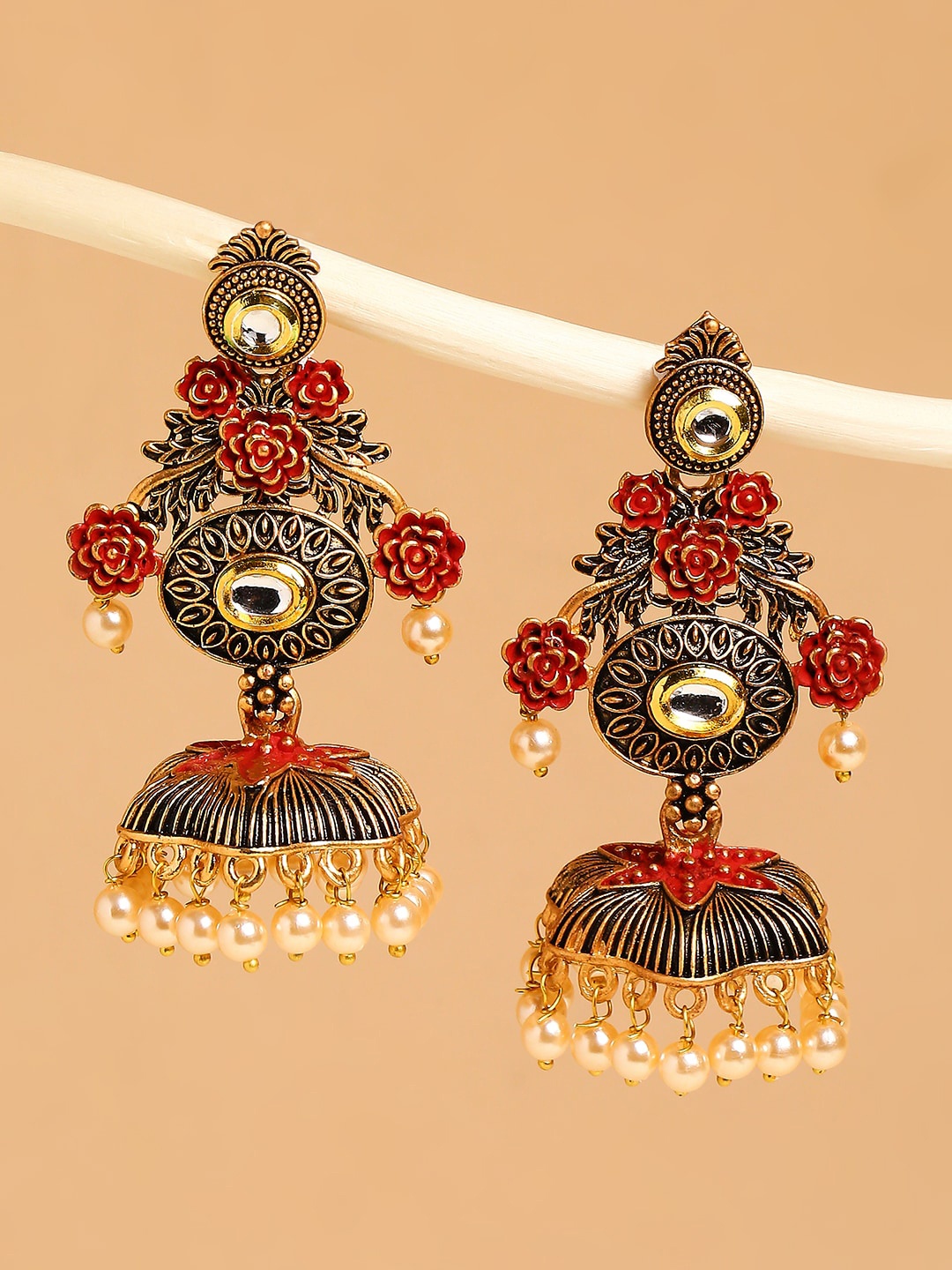 

OOMPH Gold-Plated Floral Jhumkas Earrings, Red