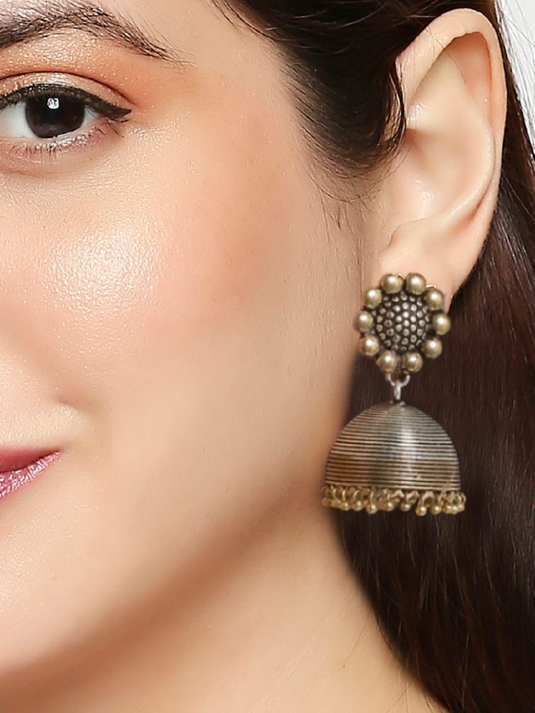 

OOMPH Silver Plated Dome Shaped Oxidised Stone Beaded Jhumkas Earrings, Gold