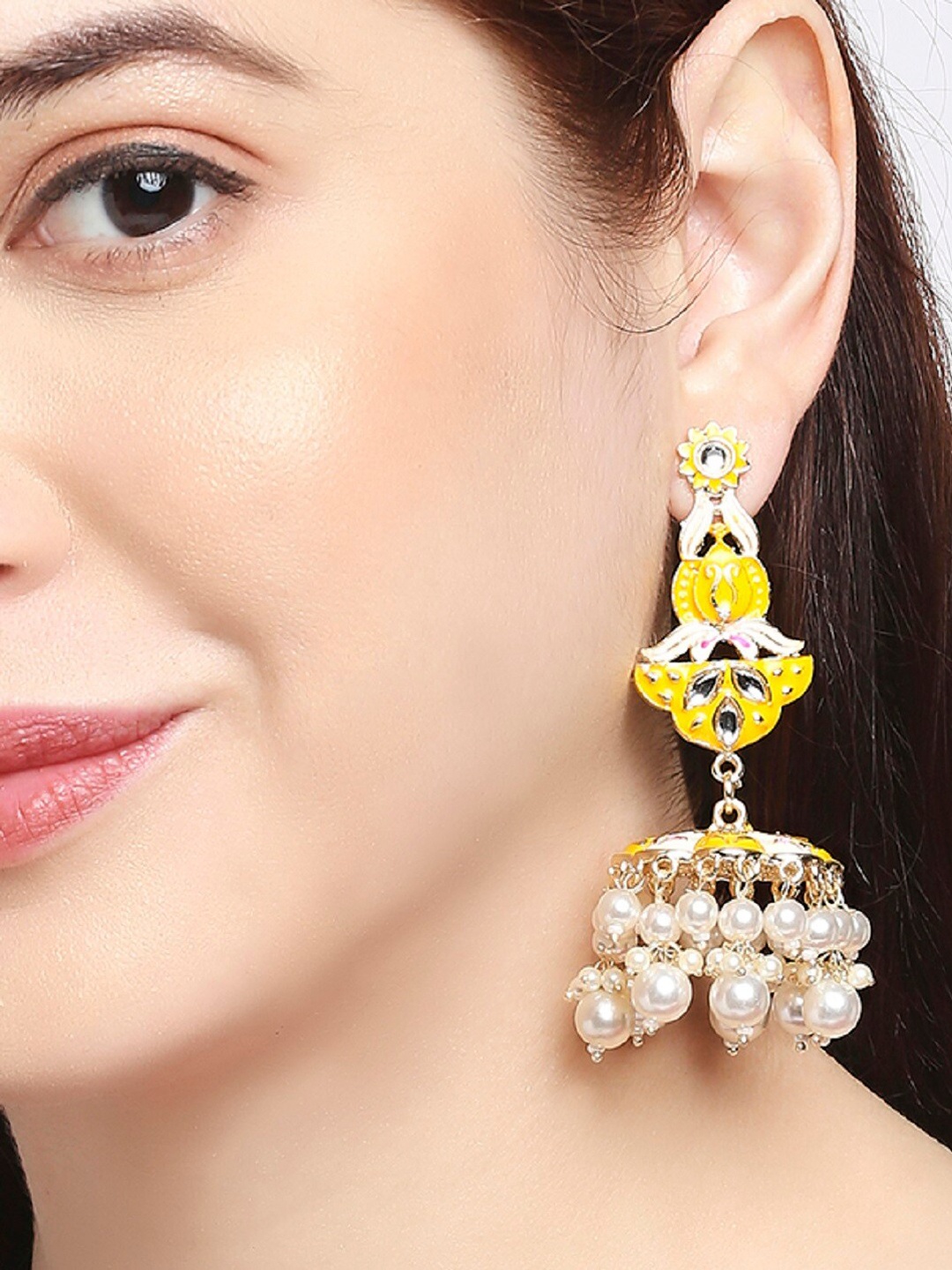 

OOMPH Silver-Plated Dome Shaped Jhumkas Earrings, Yellow
