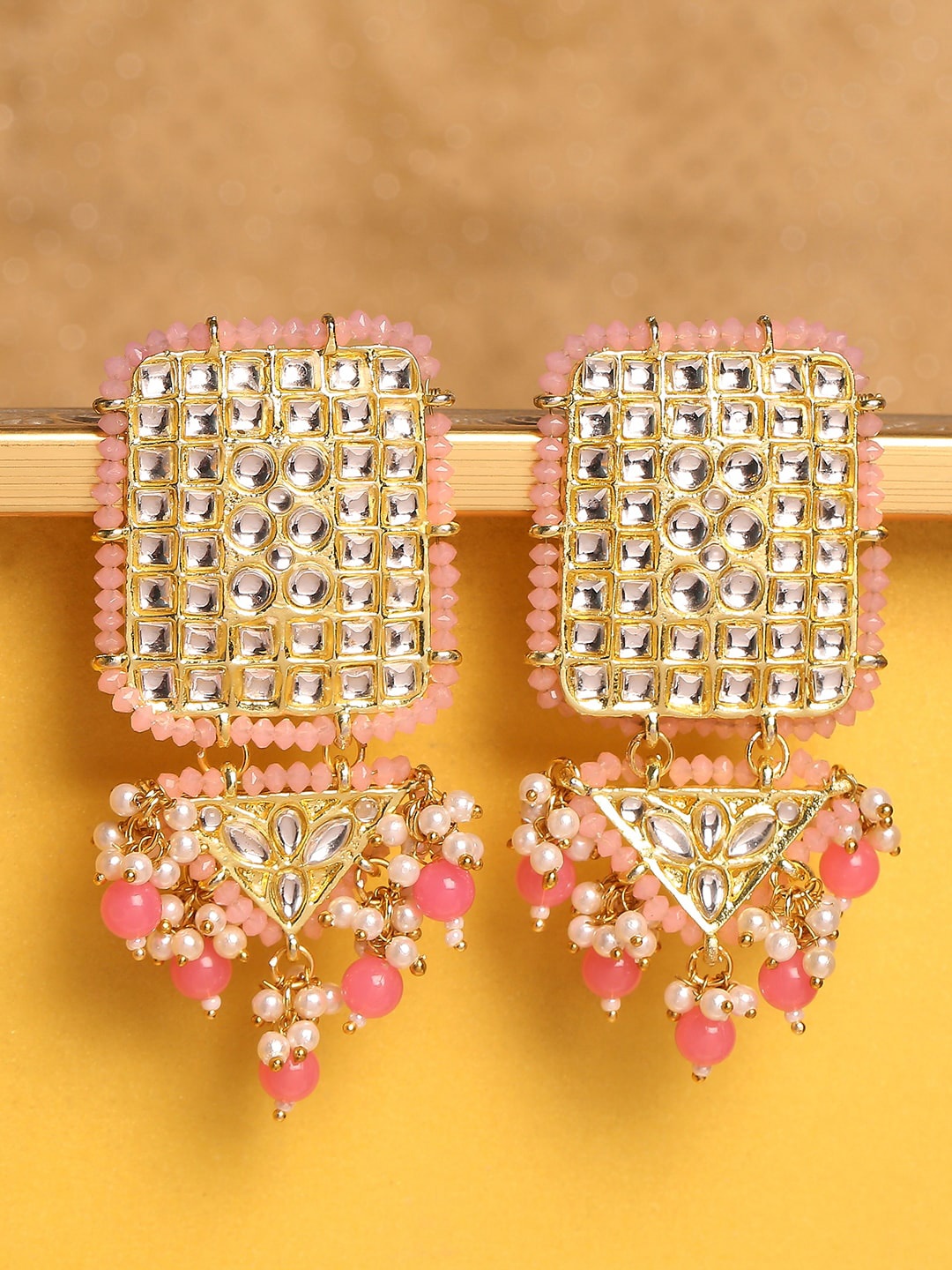 

OOMPH Beads & Kundan Jadau Ethnic Large Drop Earrings, Pink