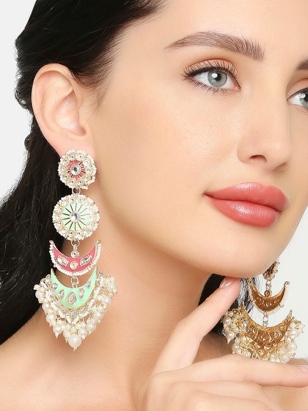 

OOMPH Gold-Plated Kundan Meenakari Floral Chandbalis Earrings, Sea green