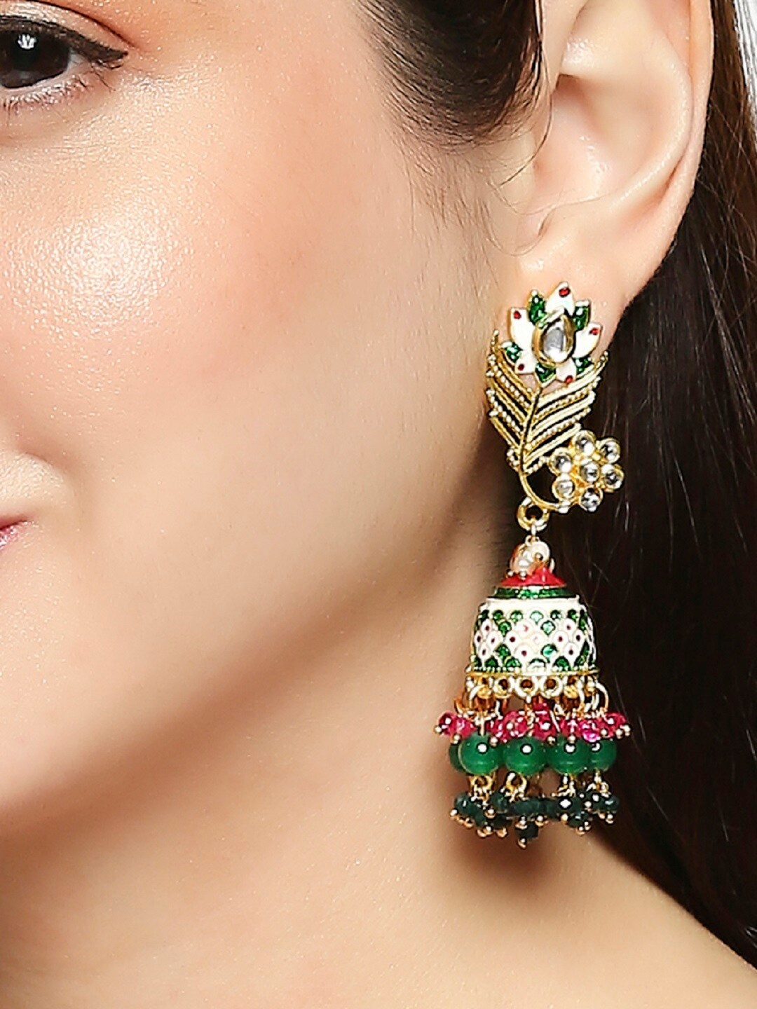 

OOMPH Gold-Plated Meenakari Peacock Design Jhumkas Earrings