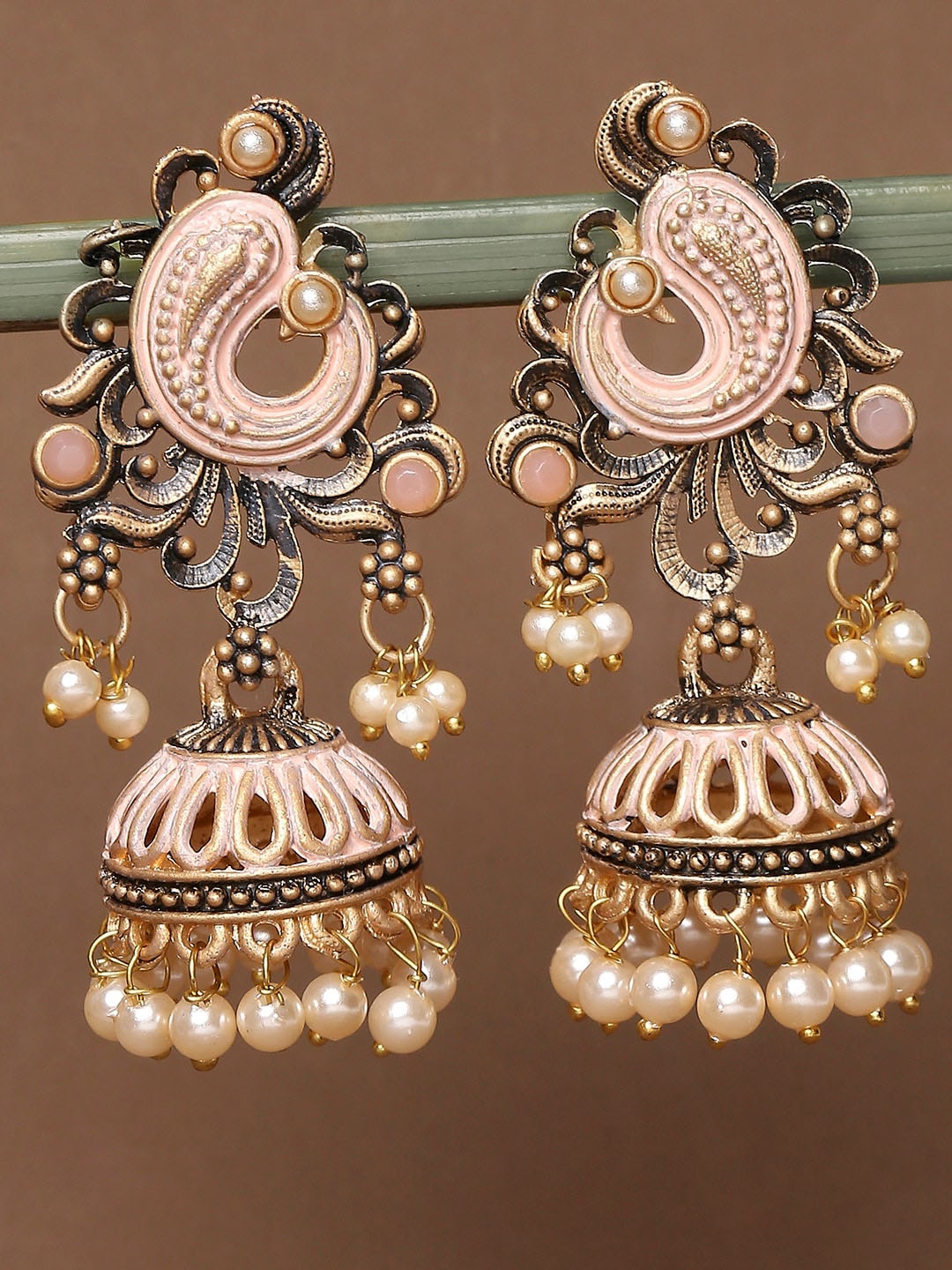 

OOMPH Peacock Shaped Kundan Meenakari Jhumkas Earrings, Pink