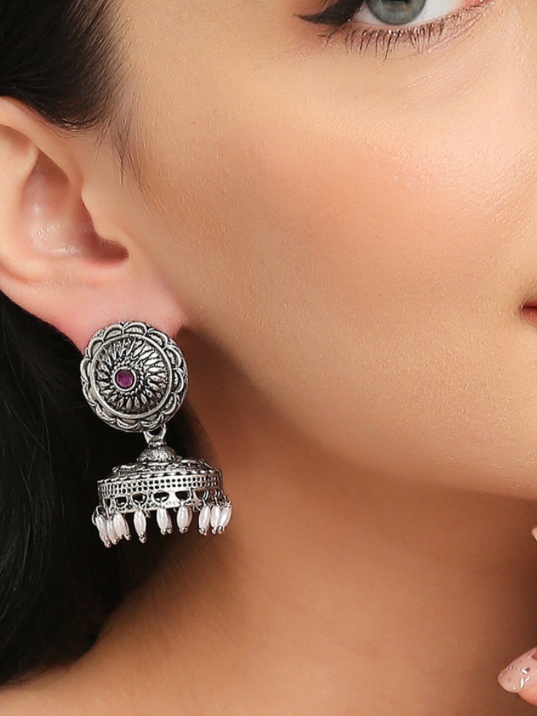 

OOMPH Silver-Plated Dome Shaped Oxidised Jhumkas, Maroon