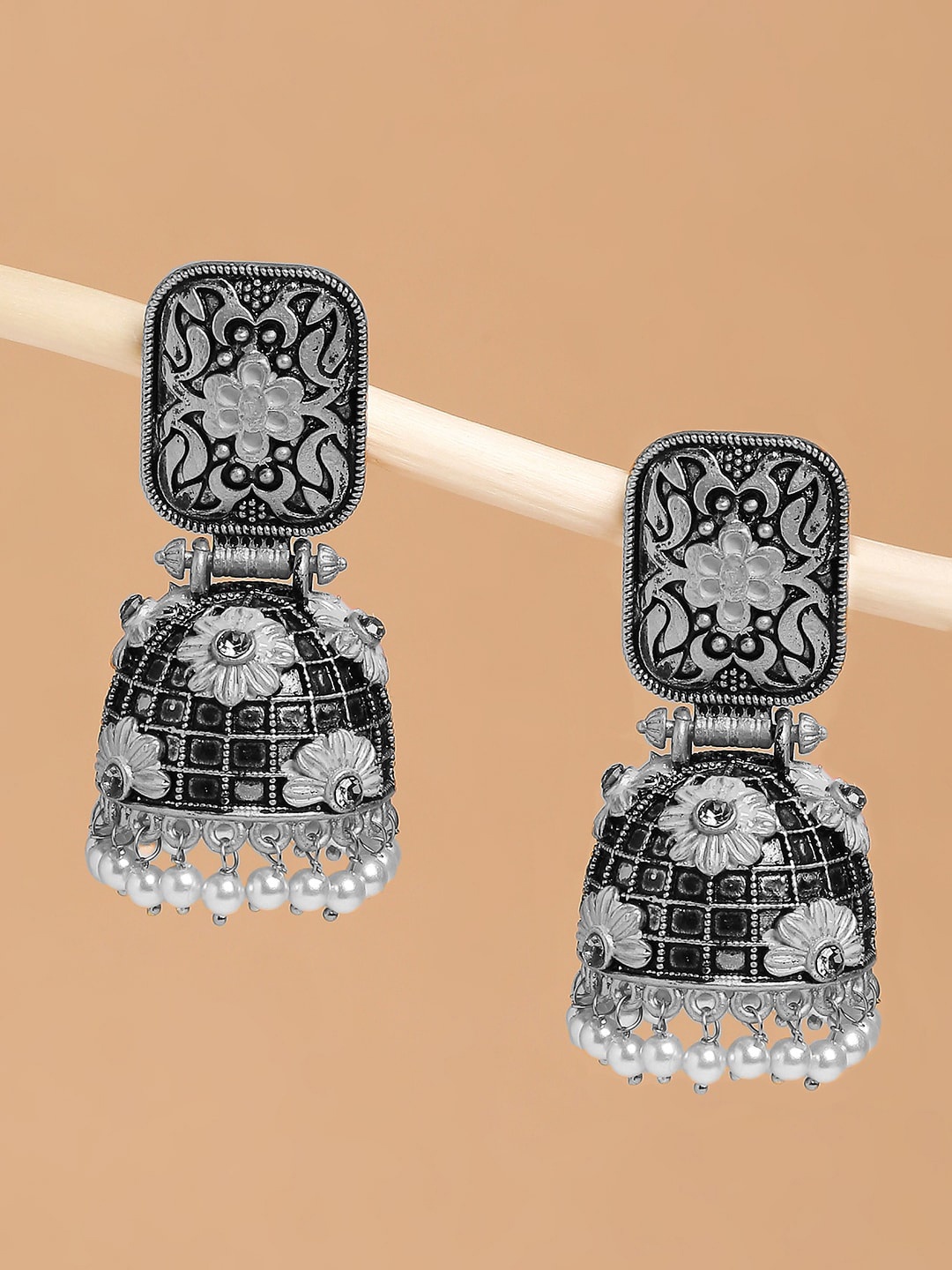 

OOMPH Silver-Plated Dome Shape Jhumkas Earrings, White