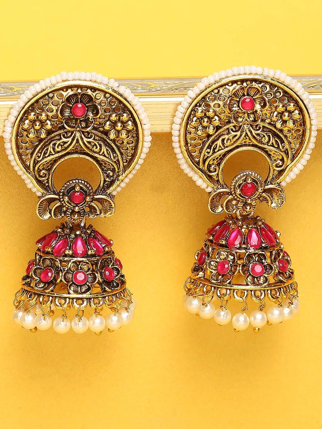 

OOMPH Gold Plated Contemporary Stone Studded Jhumkas Earrings, Pink