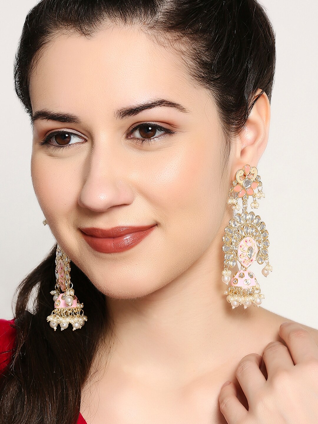 

OOMPH Gold-Plated Peacock Shaped Jhumkas Earrings, Pink