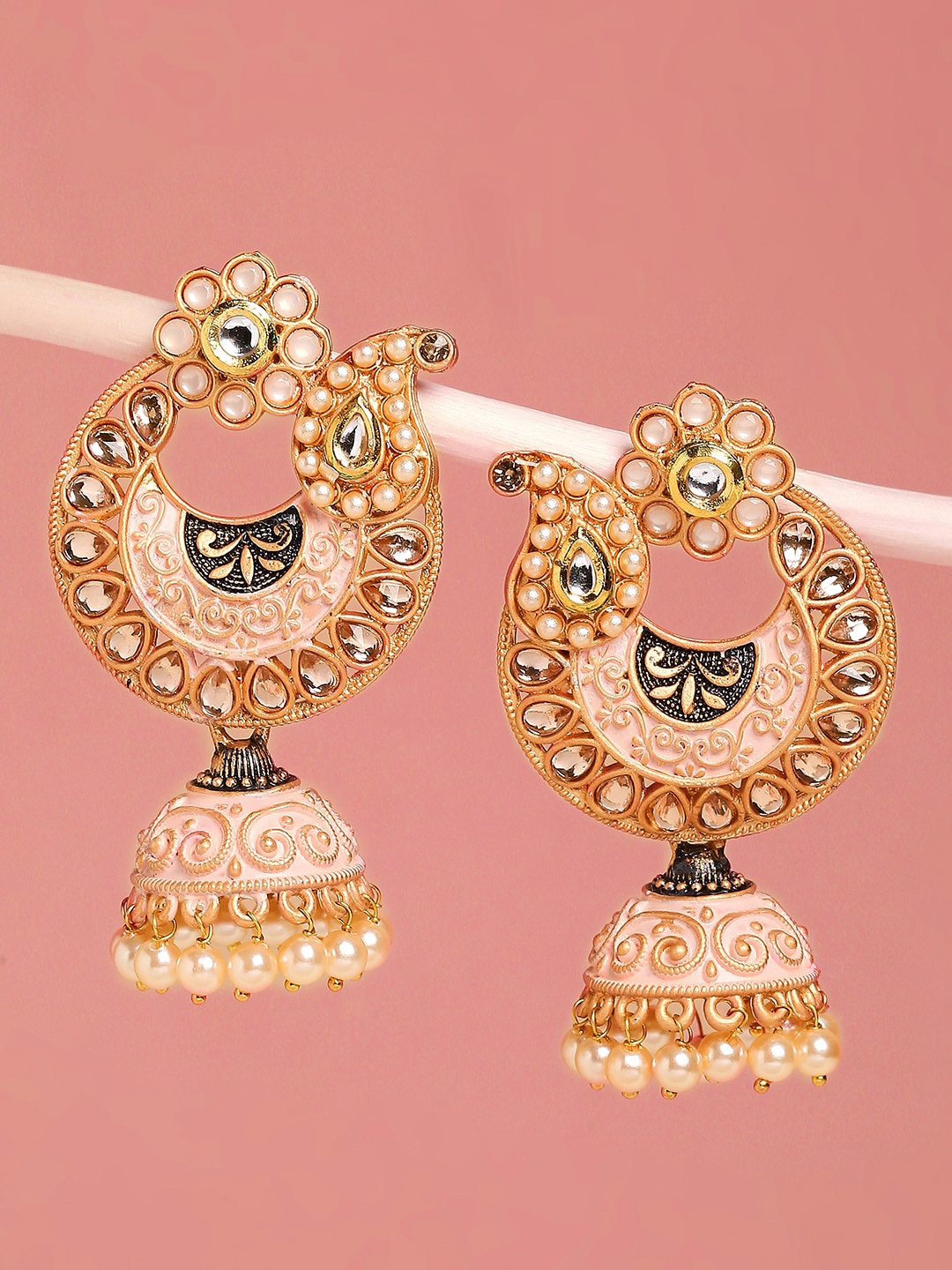 

OOMPH Gold-Plated Dome Shaped Jhumkas Earrings, Pink