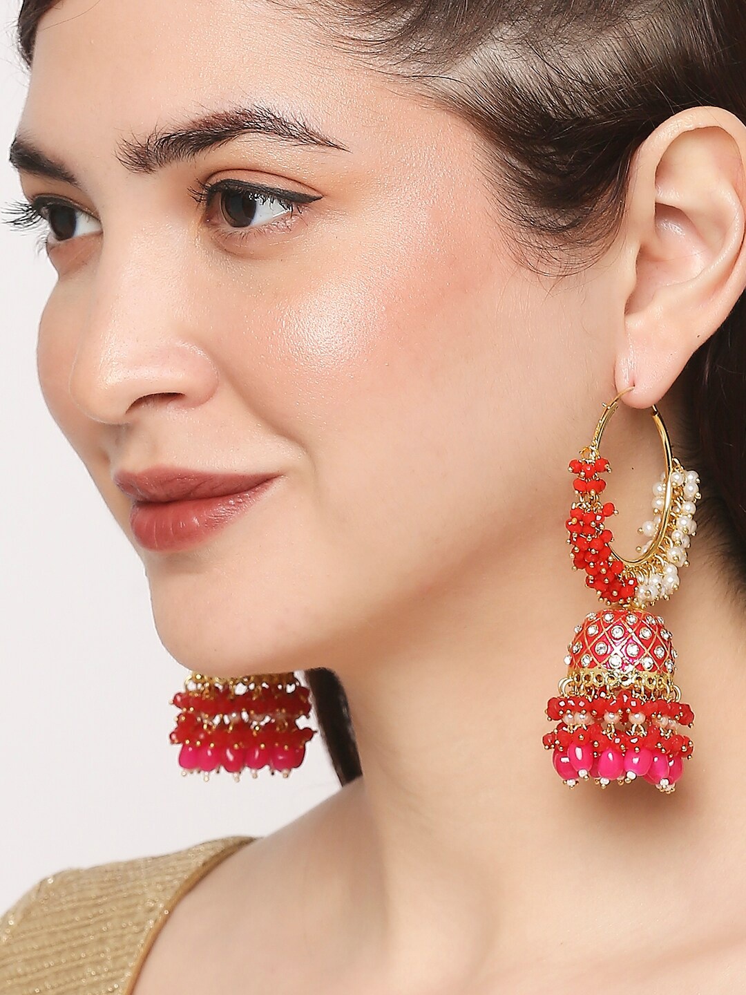 

OOMPH Gold Plated Dome Shaped Meenakari Hoop Earrings, Pink