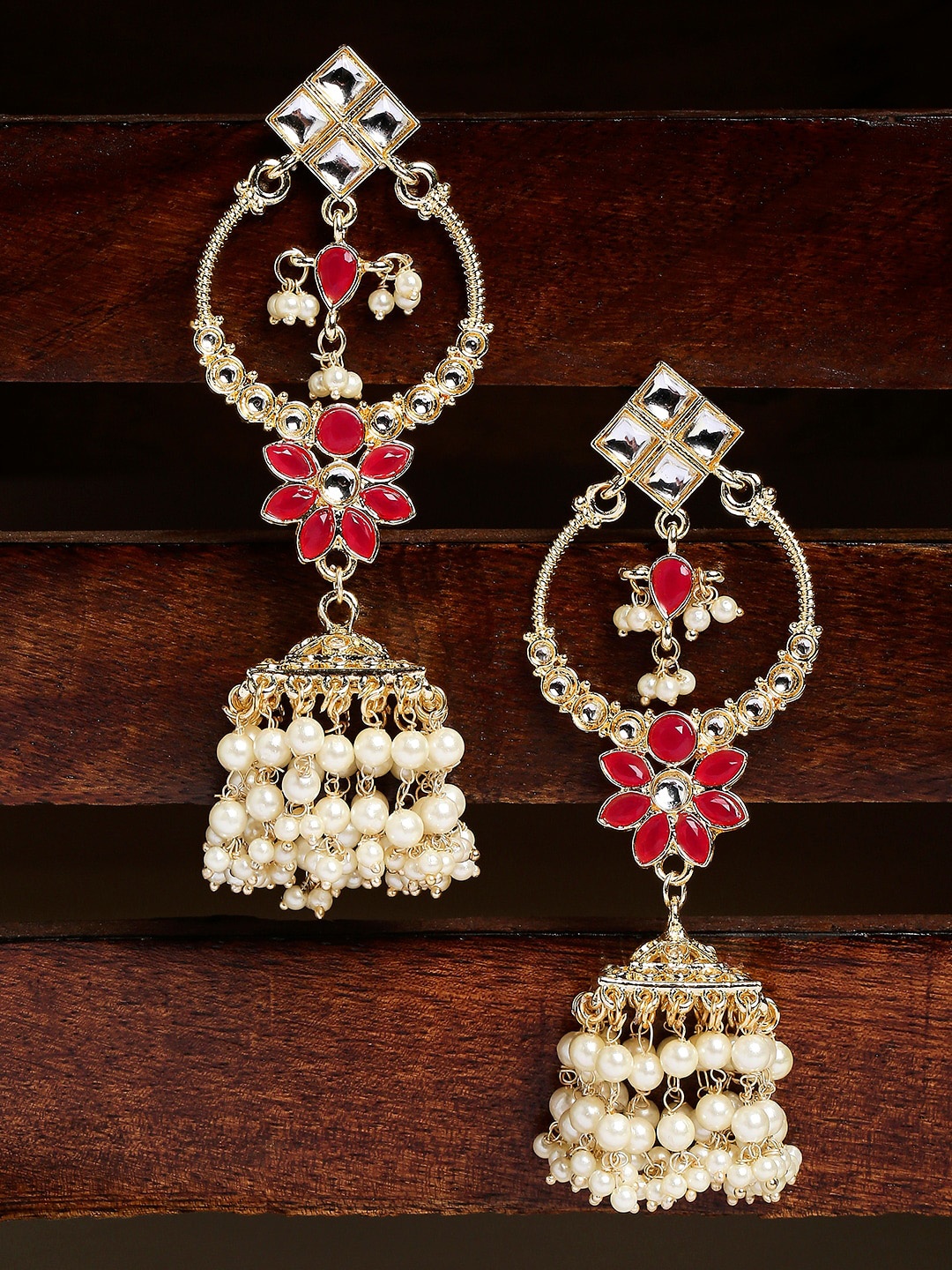 

OOMPH Gold Plated Contemporary Kundan Studded Drop Earrings, Pink