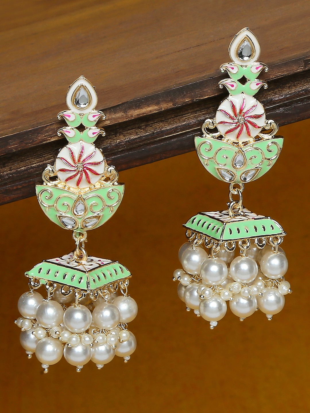 

OOMPH Gold-Plated Kundan Meenakari Contemporary Jhumkas Earrings, Green