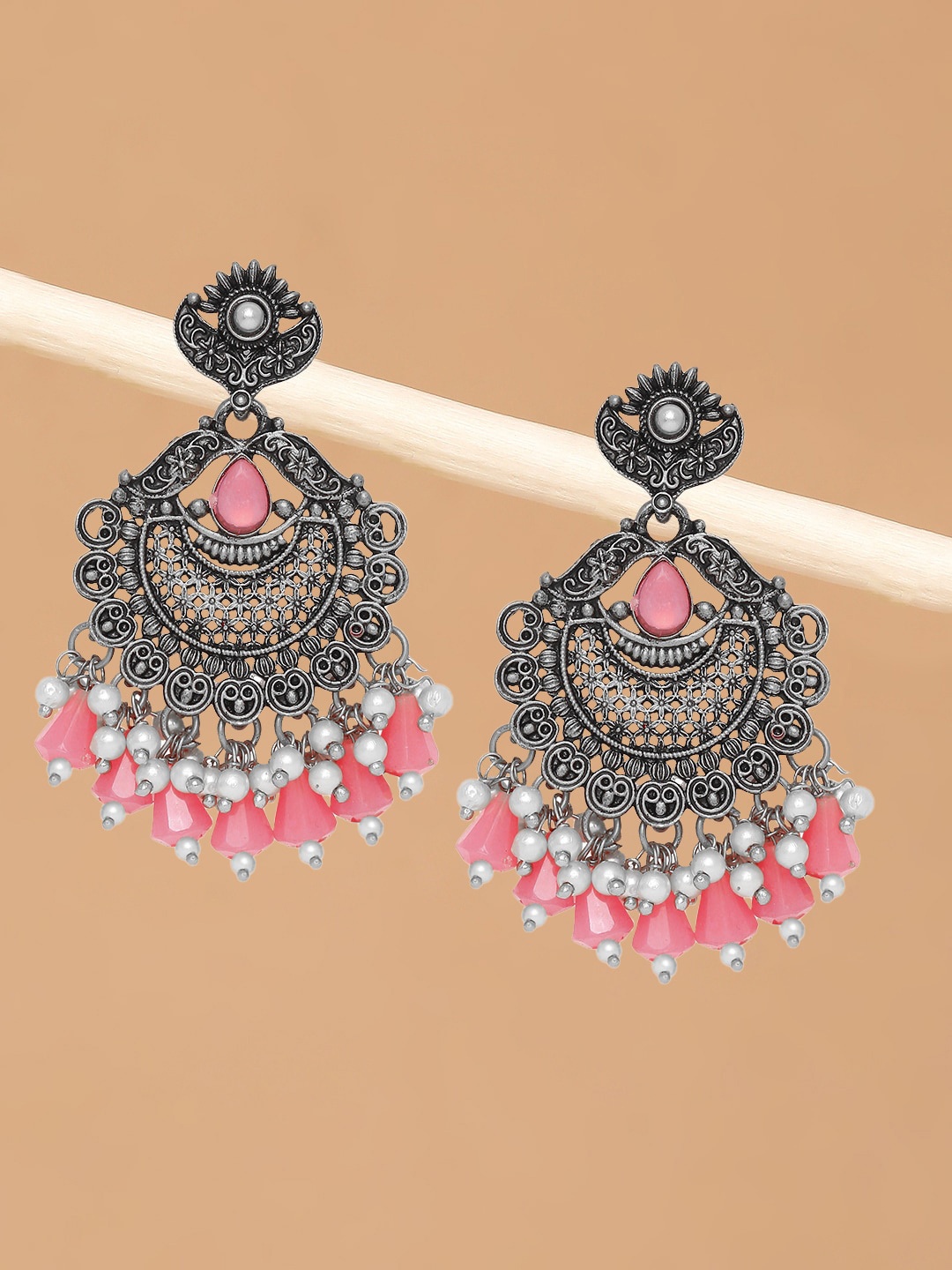 

OOMPH Silver-Plated Stone-Studded & Beaded Oxidised Contemporary Chandbalis Earrings, Pink