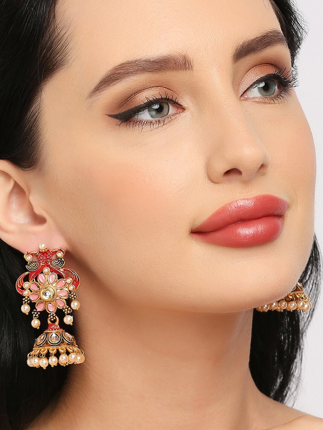 

OOMPH Gold Plated Meenakari Peacock Shaped Jhumkas Earrings