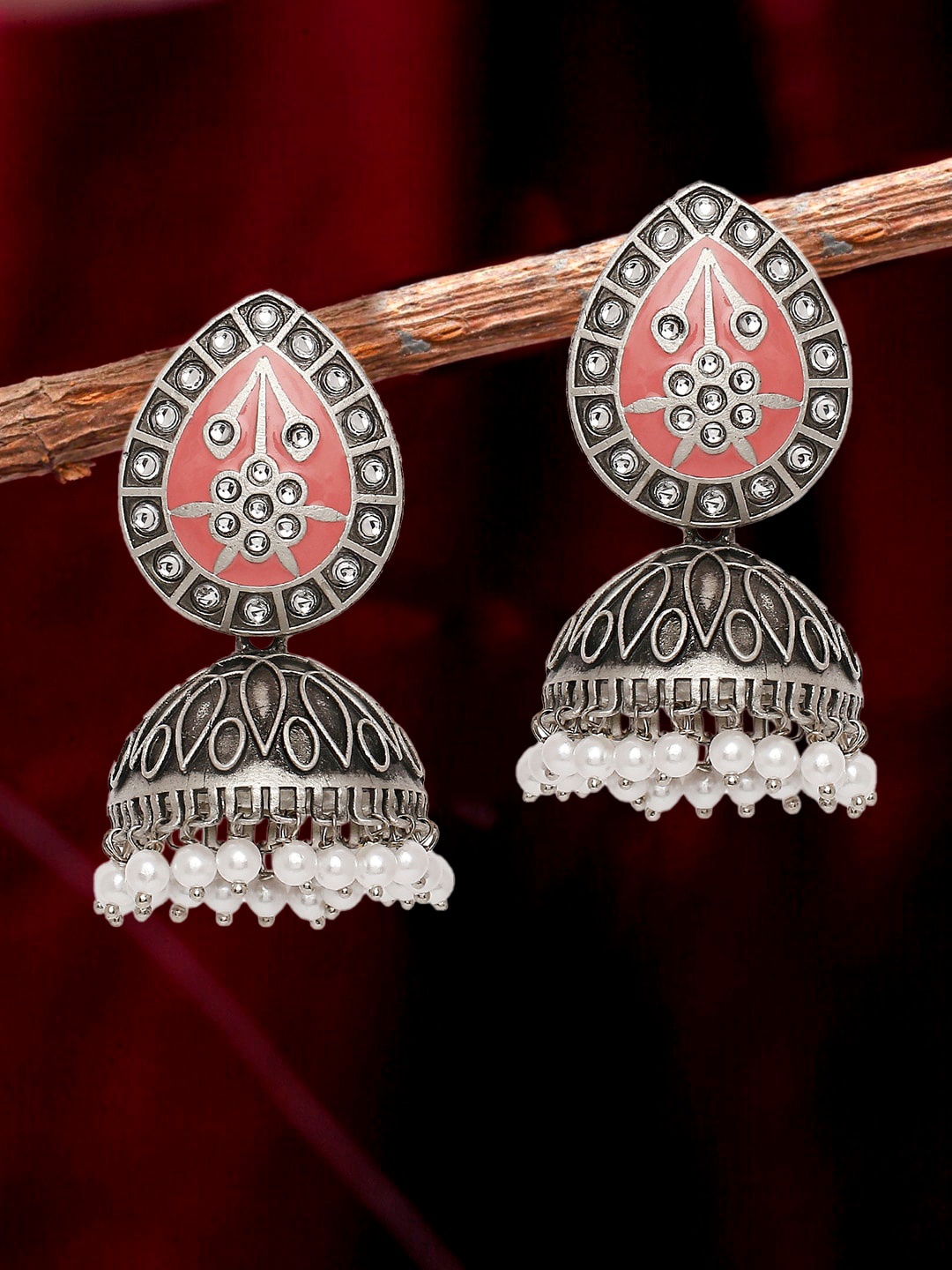 

OOMPH Silver Plated Dome Shaped Oxidised Meenakari Kundan Studded Jhumkas Earrings, Pink