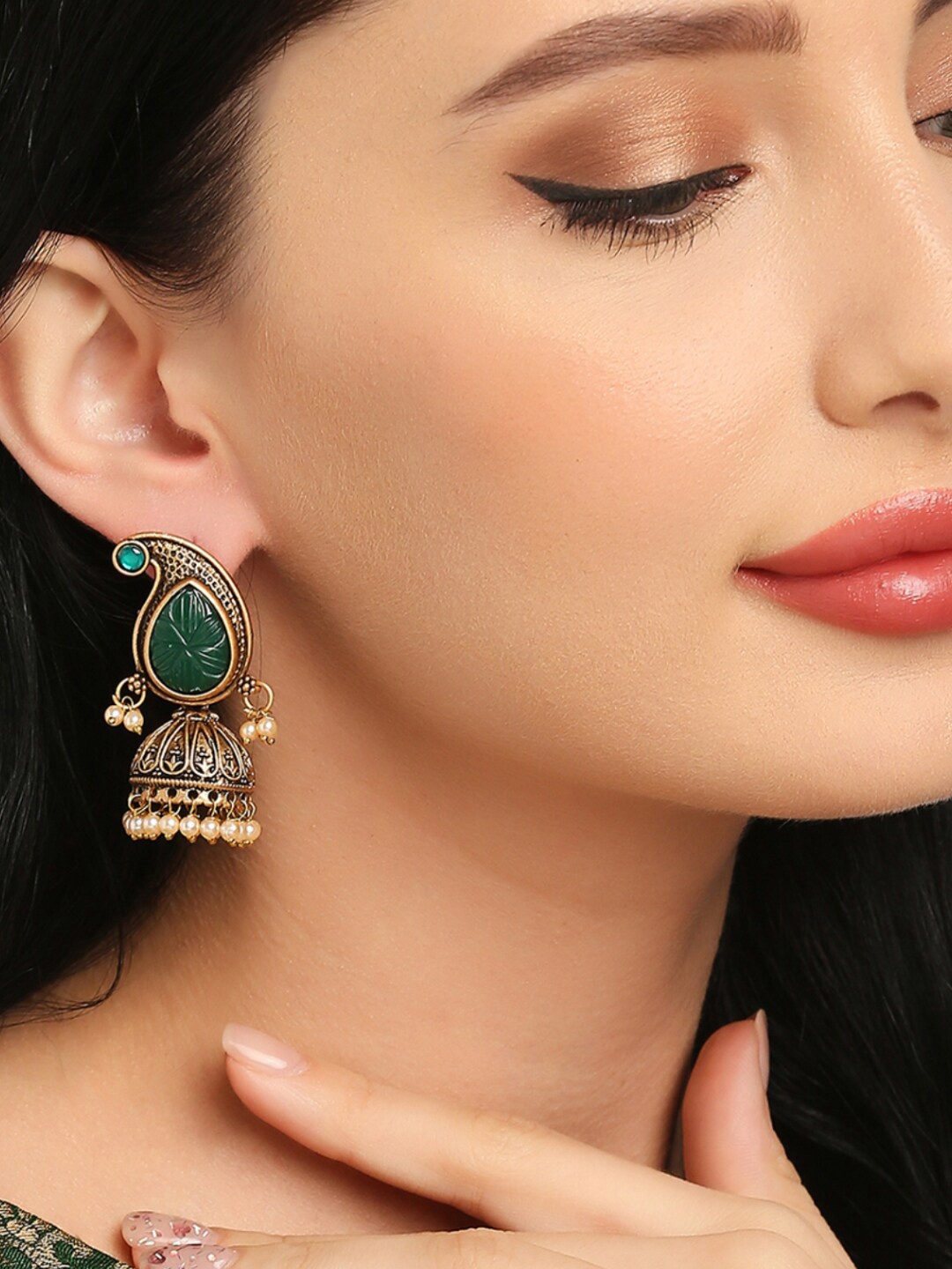 

OOMPH Gold-Plated Stone-Studded & Beaded Paisley Shaped Jhumkas Earrings, Green