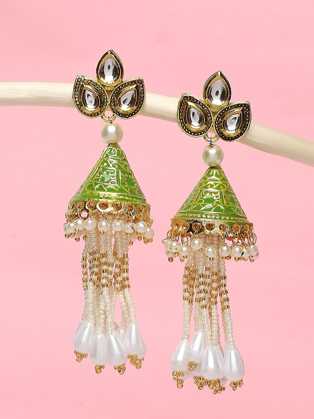 

OOMPH Meenakari Kundan & Pearls Dome Shaped Jhumkas Earrings, Green