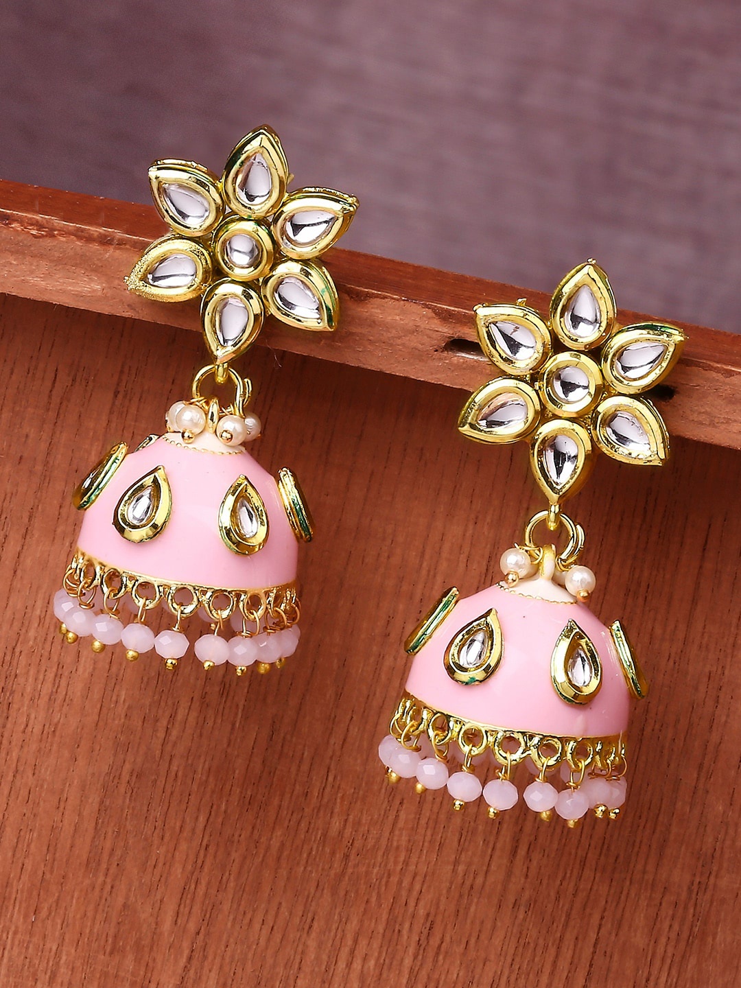 

OOMPH Gold Plated Floral Meenakari Enamel Kundan Studded Jhumkas Earrings, Pink