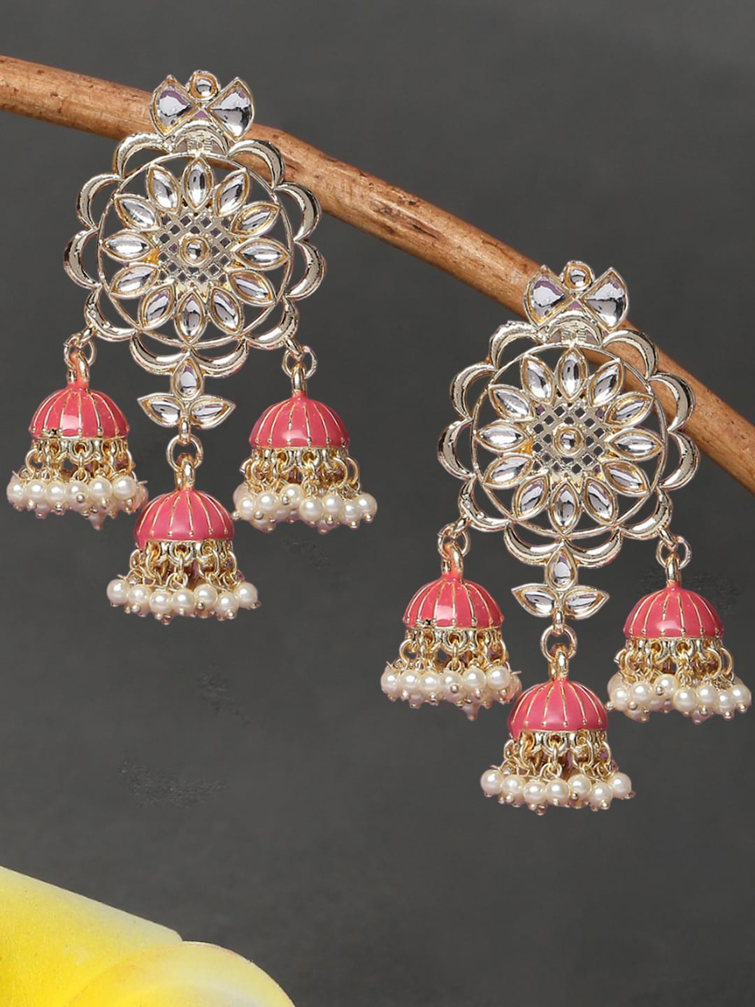 

OOMPH Gold Plated Contemporary Meenakari Enamel Kundan Studded Jhumkas Earrings, Pink