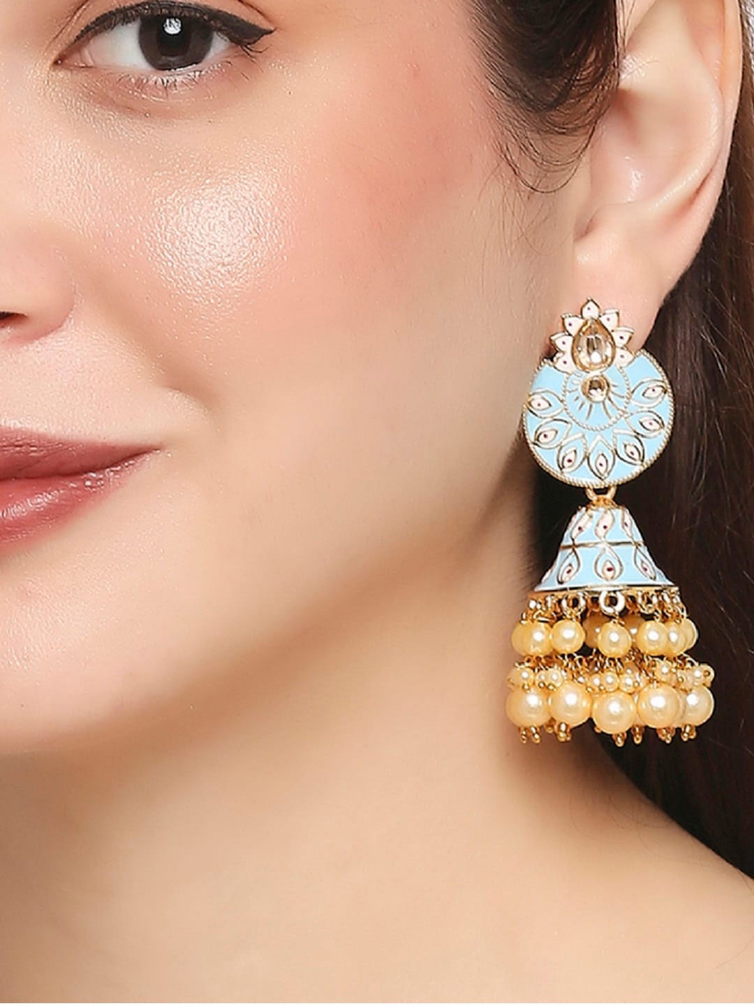 

OOMPH Gold Plated Contemporary Meenakari Kundan Studded Jhumkas Earrings, Blue