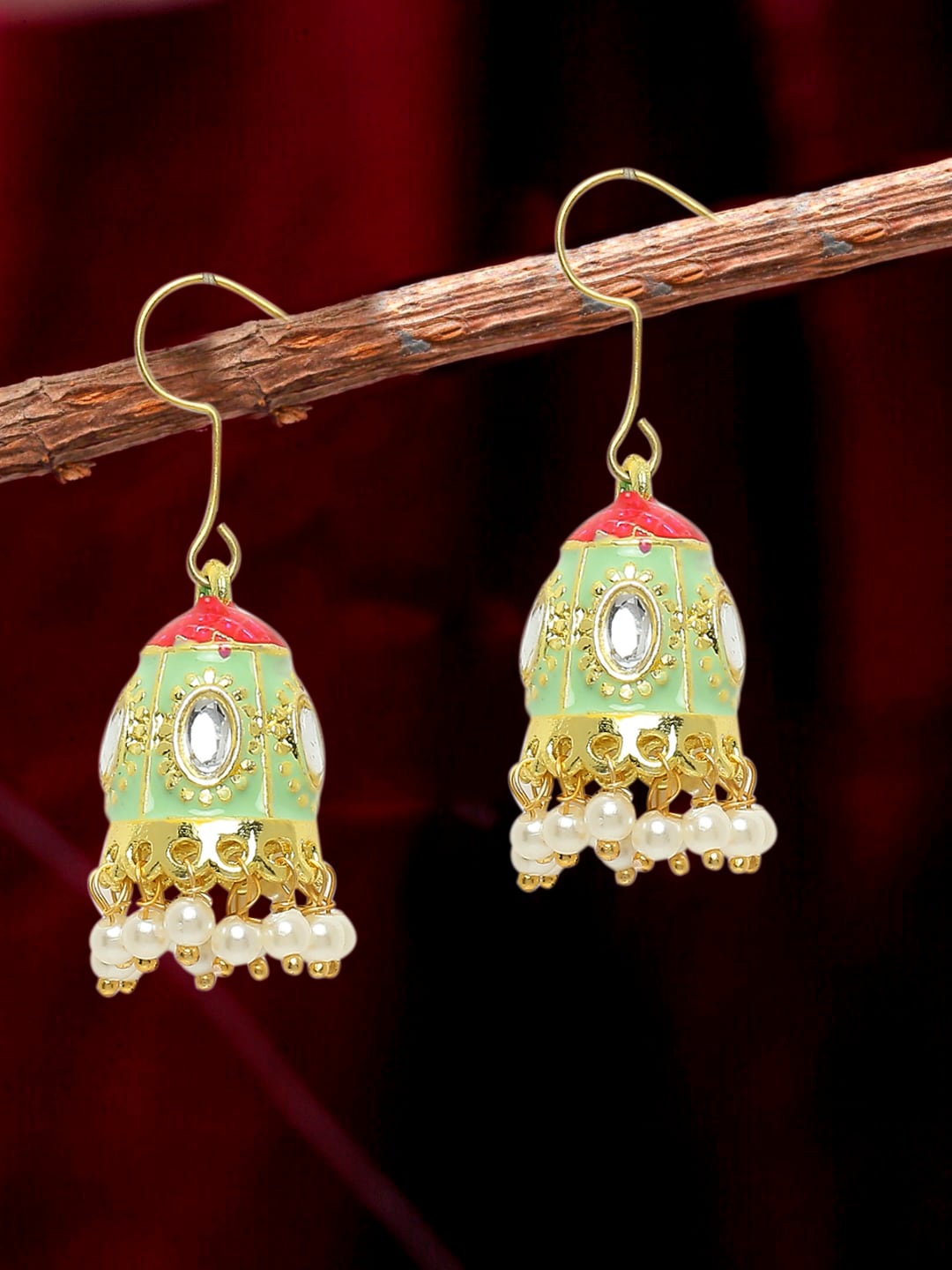 

OOMPH Gold-Plated Dome Shaped Jhumkas Earrings, Sea green