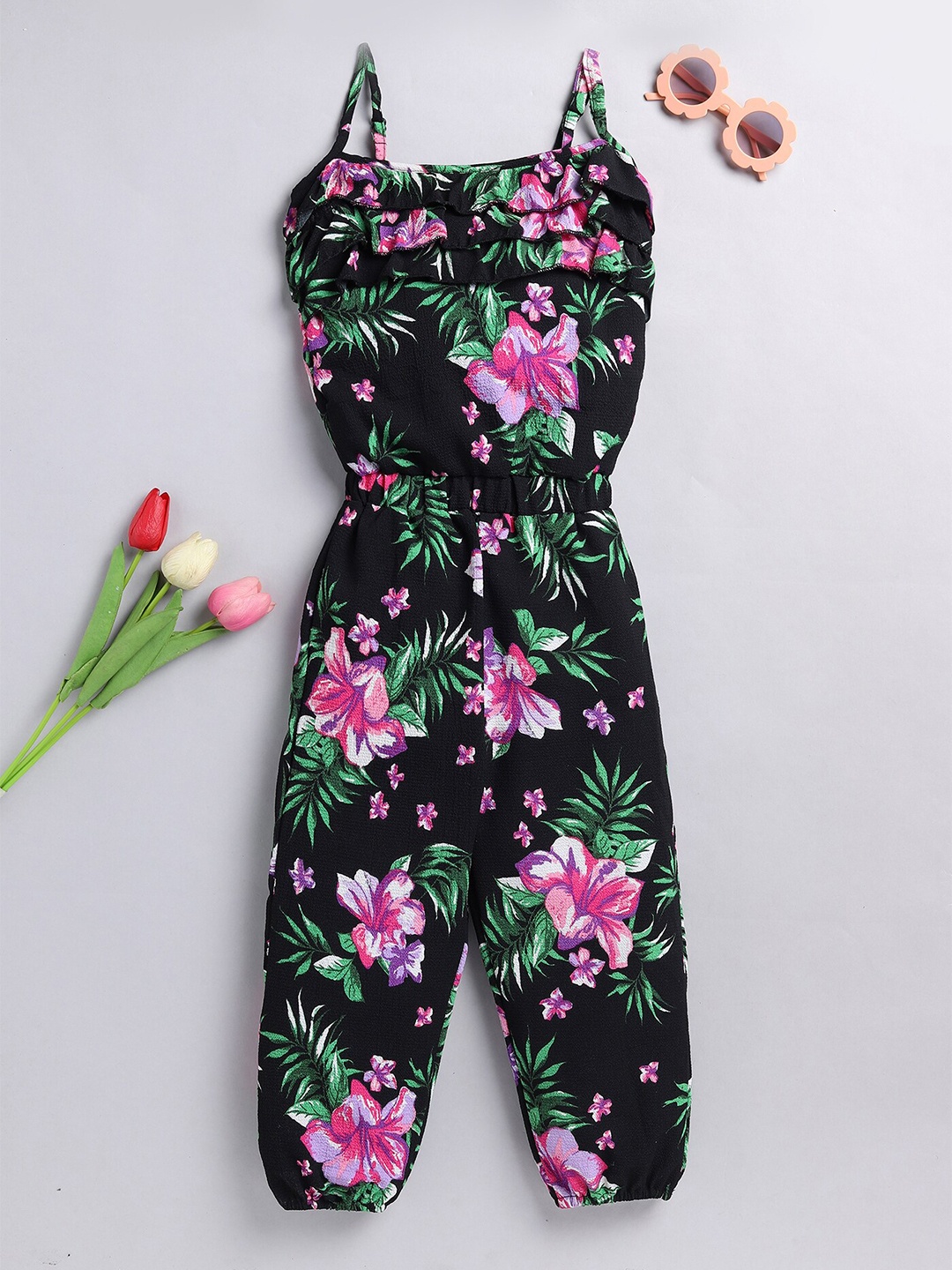 

YK Girls Floral Printed Capri Jumpsuit, Black