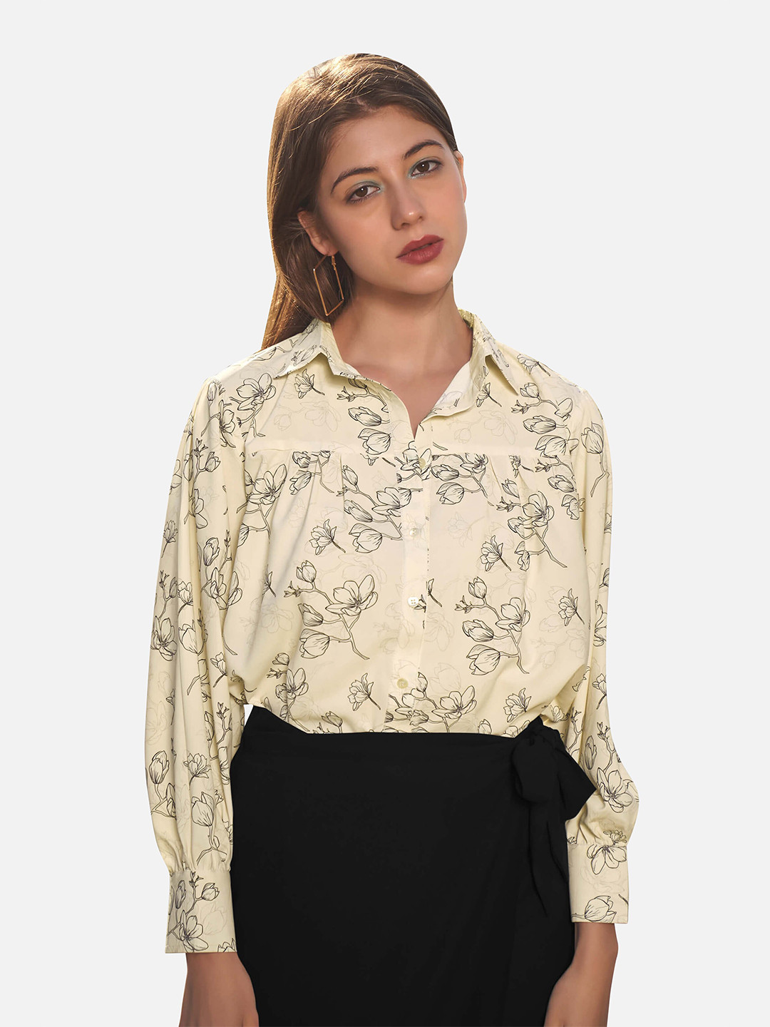 

NEOFAA Floral Printed Semi Sheer Formal Shirt, Beige