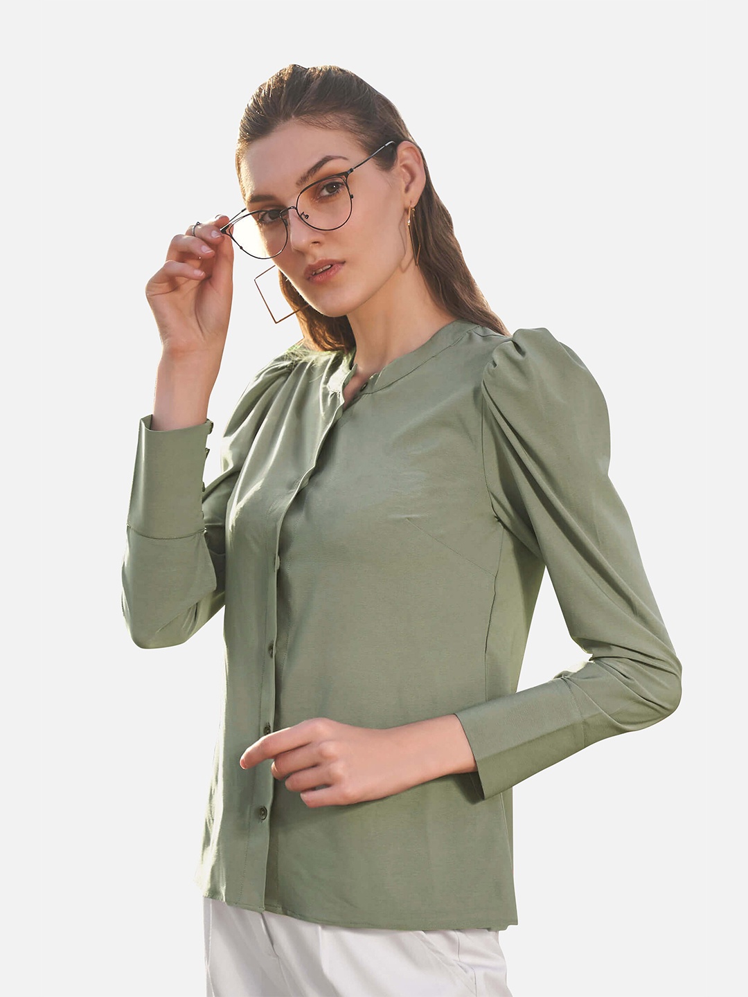 

NEOFAA Mandarin Collar Puff Sleeve Casual Shirt, Green