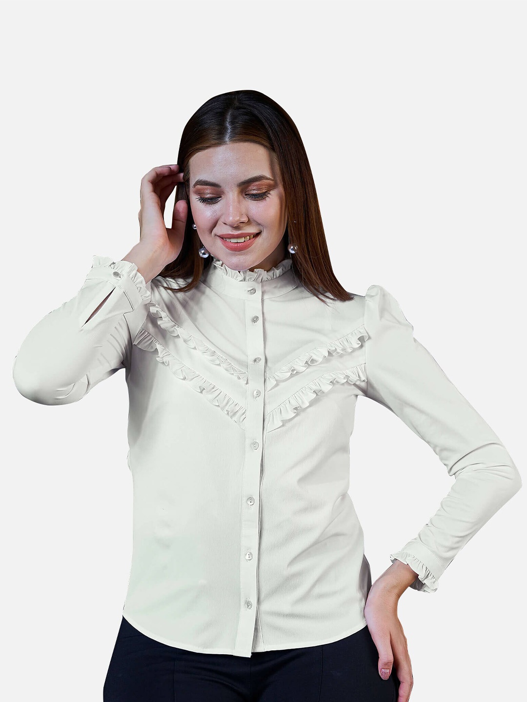

NEOFAA Mandarin Collar Ruffle Casual Shirt, White
