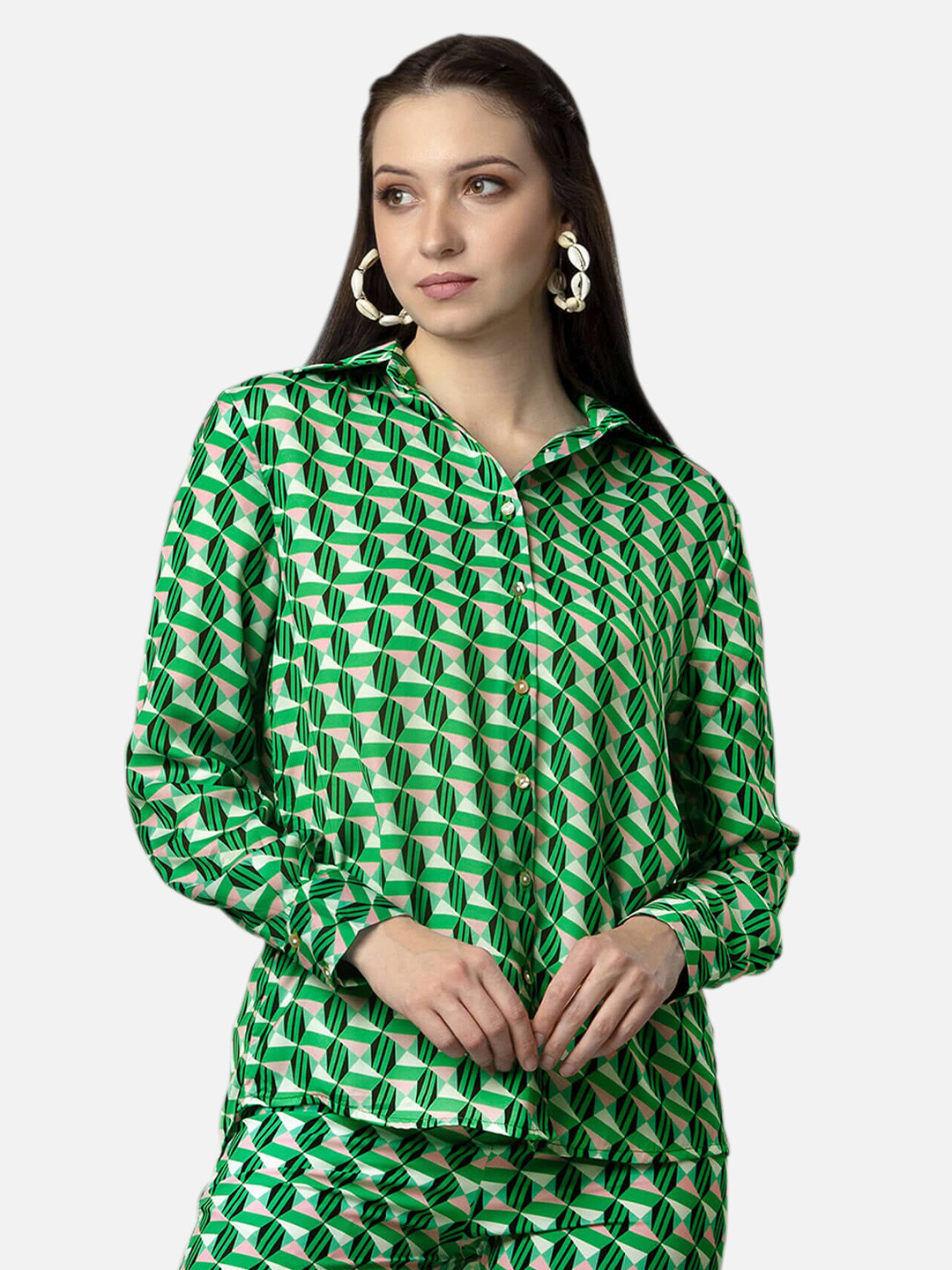 

NEOFAA Geometric Printed Casual Shirt, Green