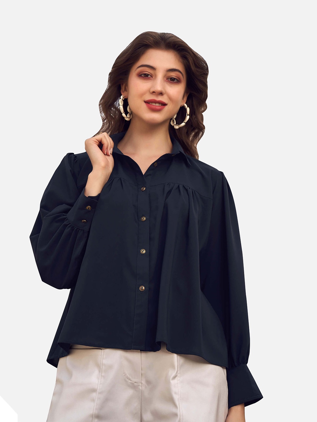 

NEOFAA Front Gathered Detail Casual Shirt, Navy blue