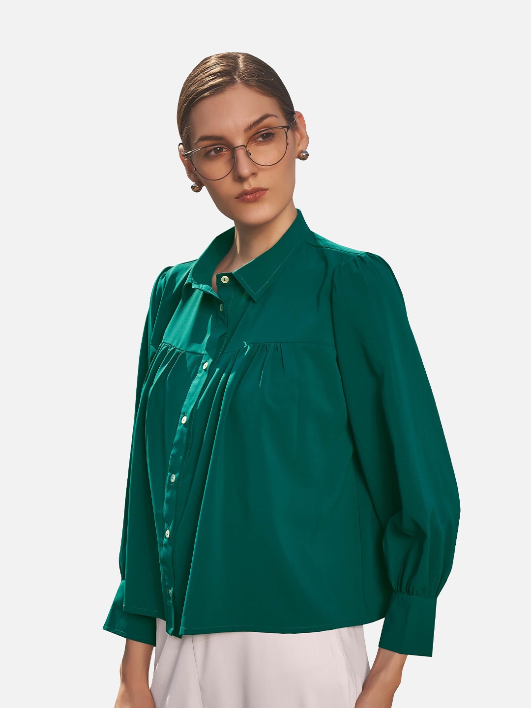

NEOFAA Front Gathered Detail Casual Shirt, Green