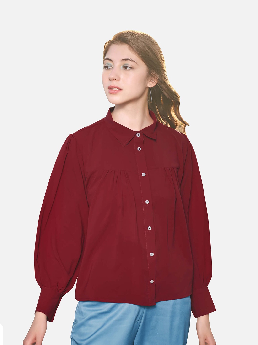 

NEOFAA Front Gathered Detail Casual Shirt, Maroon