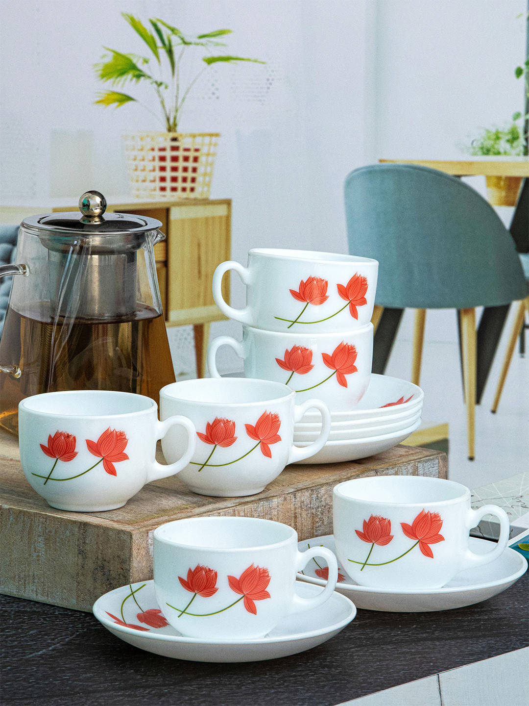 

Cello Opalware Royale Costa 12 Pieces White Printed Glossy Cups and Saucers 160 ml Each