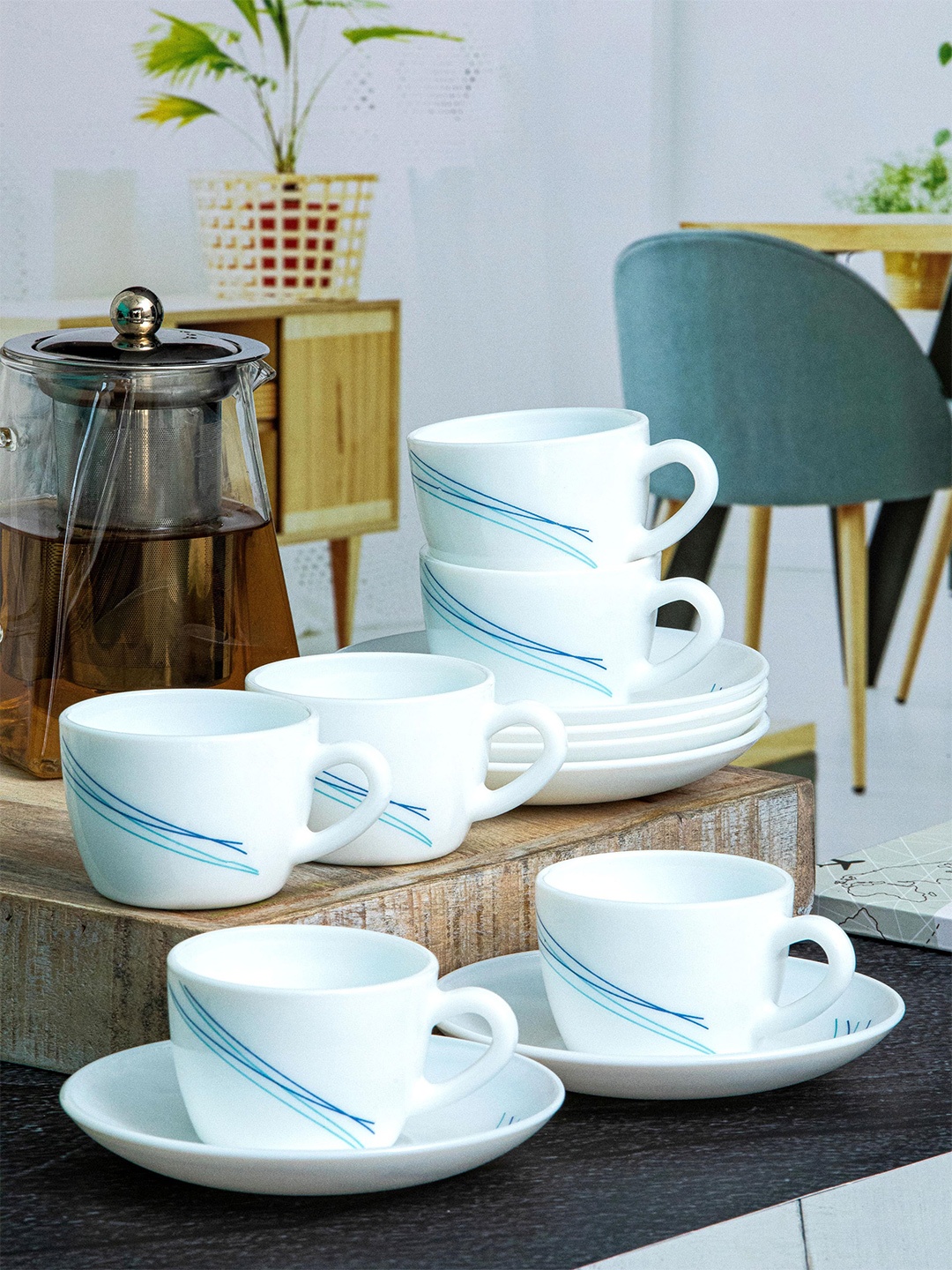 

Cello Dazzle Series Set of 12 Queen Cool Lines Opalware Cup and Saucer Set- 130ml, White