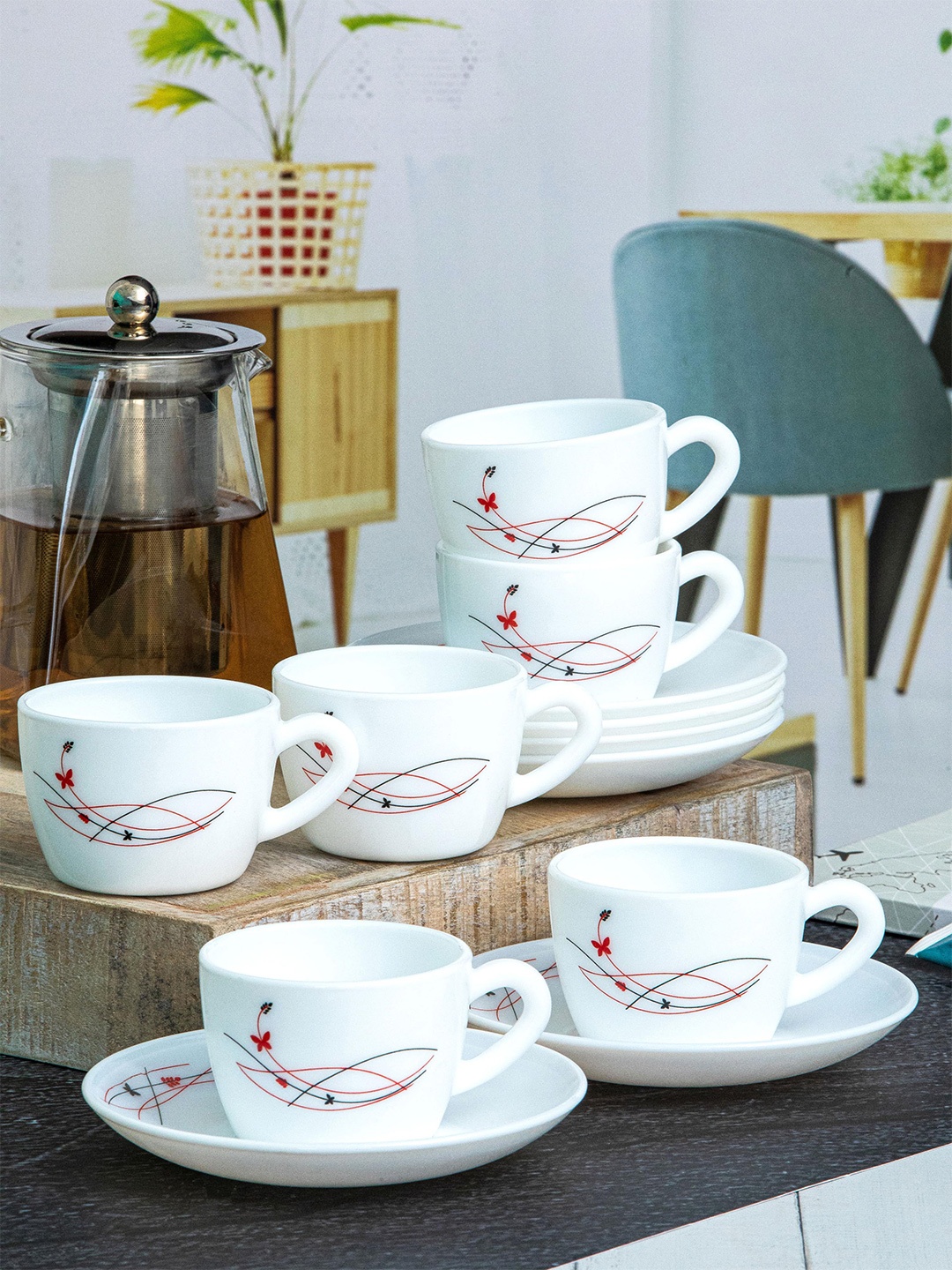 

Cello Dazzle Queen Set of 12 Lush Fiesta Design Opalware Cups and Saucers Set-130 Ml Each, White
