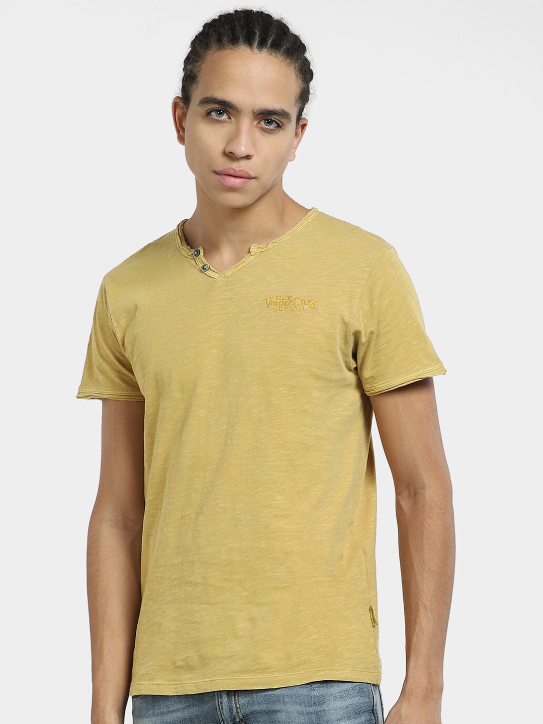 

Jack & Jones Henley Neck Raw Edge Cotton Slim Fit T-shirt, Mustard