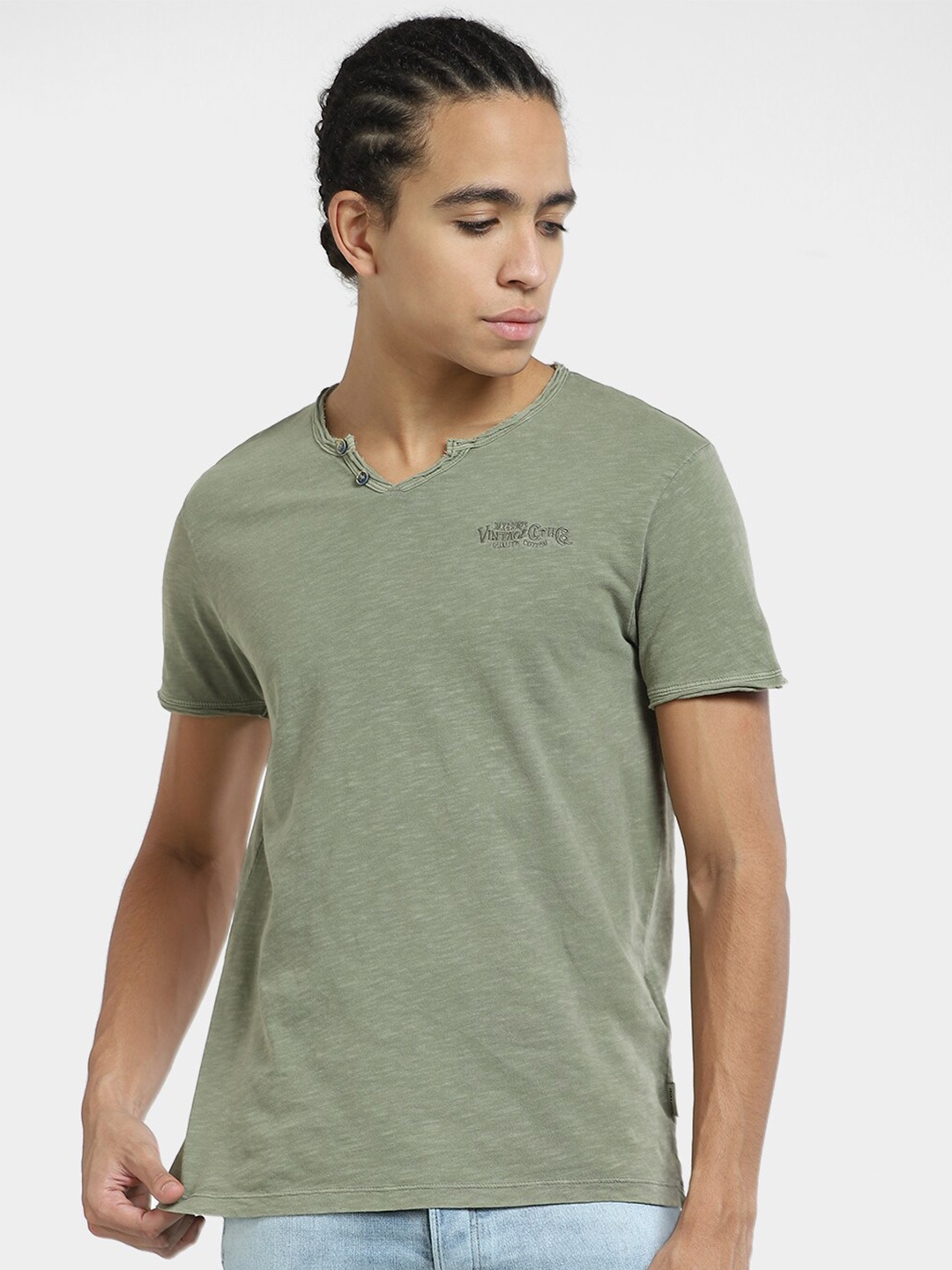 

Jack & Jones Henley Neck Raw Edge Cotton Slim Fit T-shirt, Green