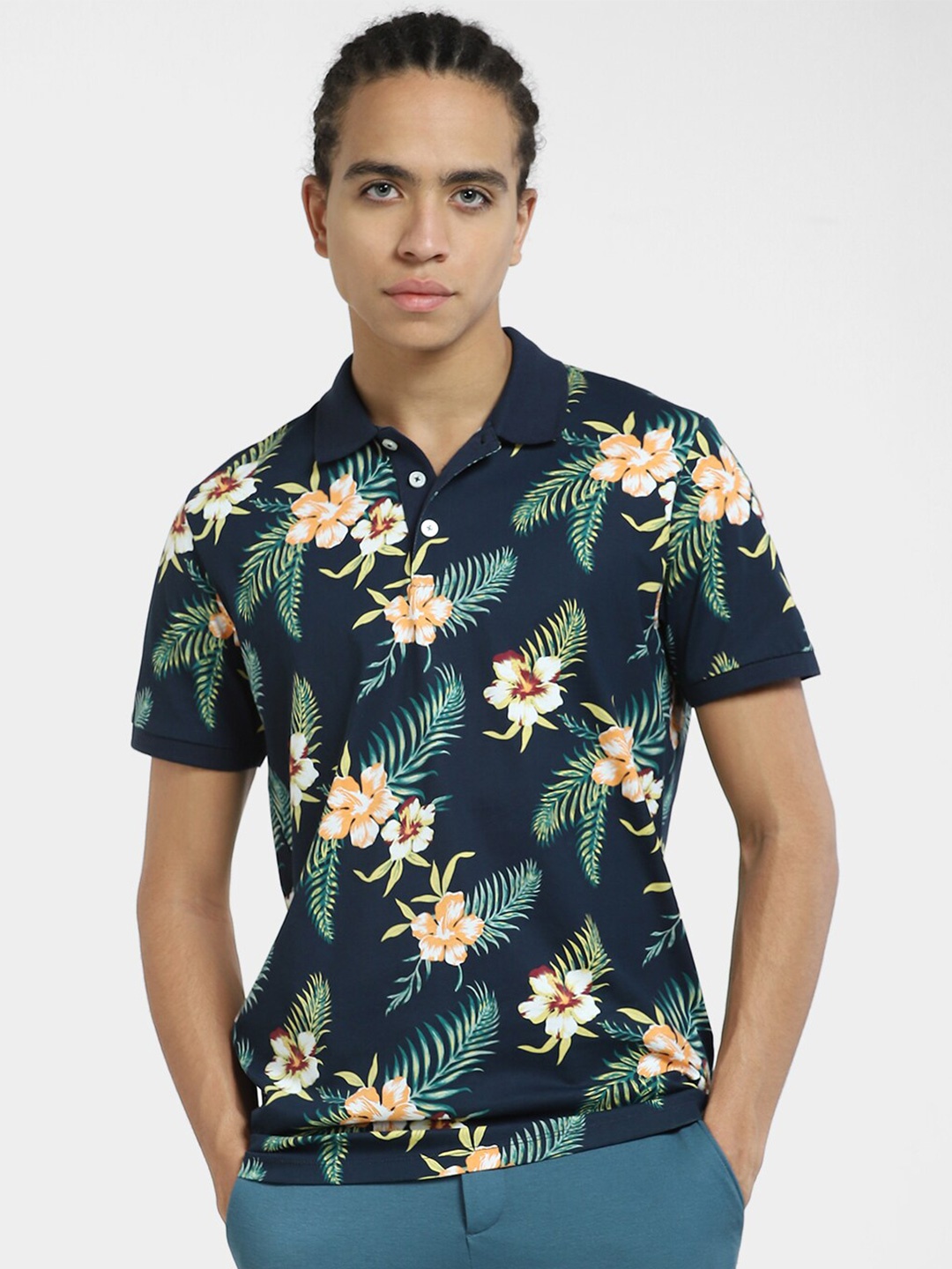 

Jack & Jones Floral Printed Polo Collar Cotton Slim Fit T-shirt, Navy blue
