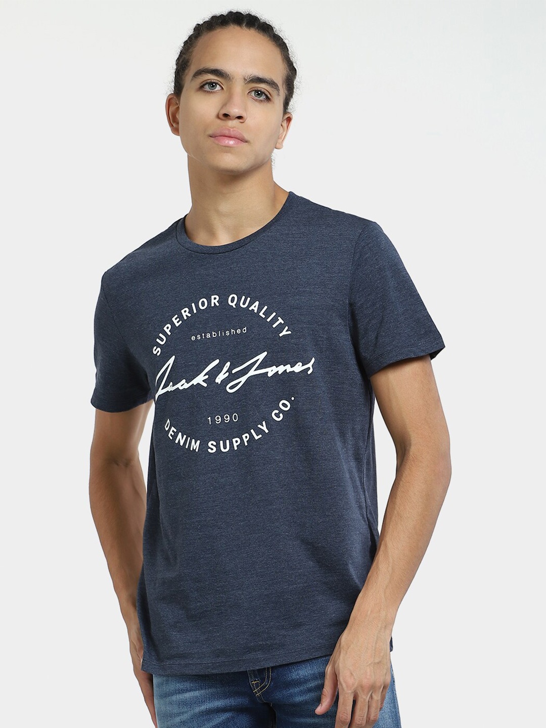 

Jack & Jones Typography Printed Slim Fit Cotton T-shirt, Navy blue