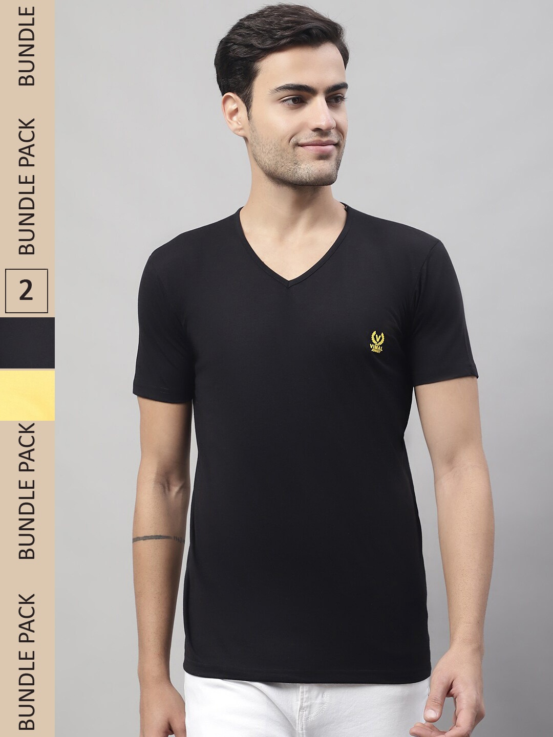 

VIMAL JONNEY Pack Of 2 V-Neck Cotton T-shirt, Black