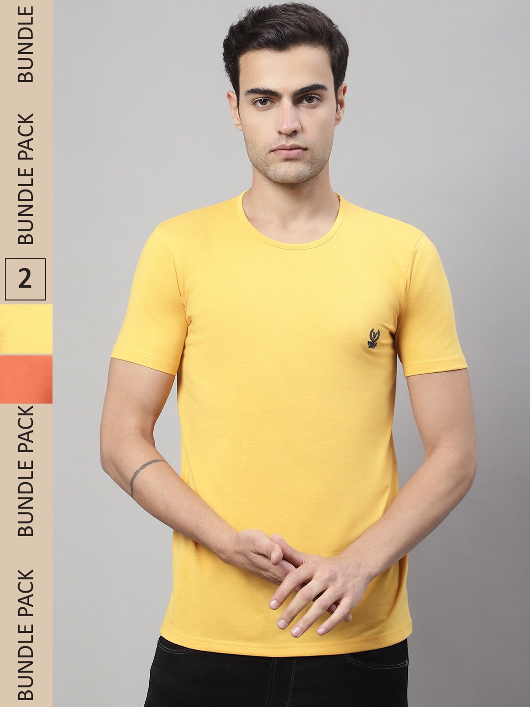 

VIMAL JONNEY Pack Of 2 Round Neck Cotton T-shirt, Yellow