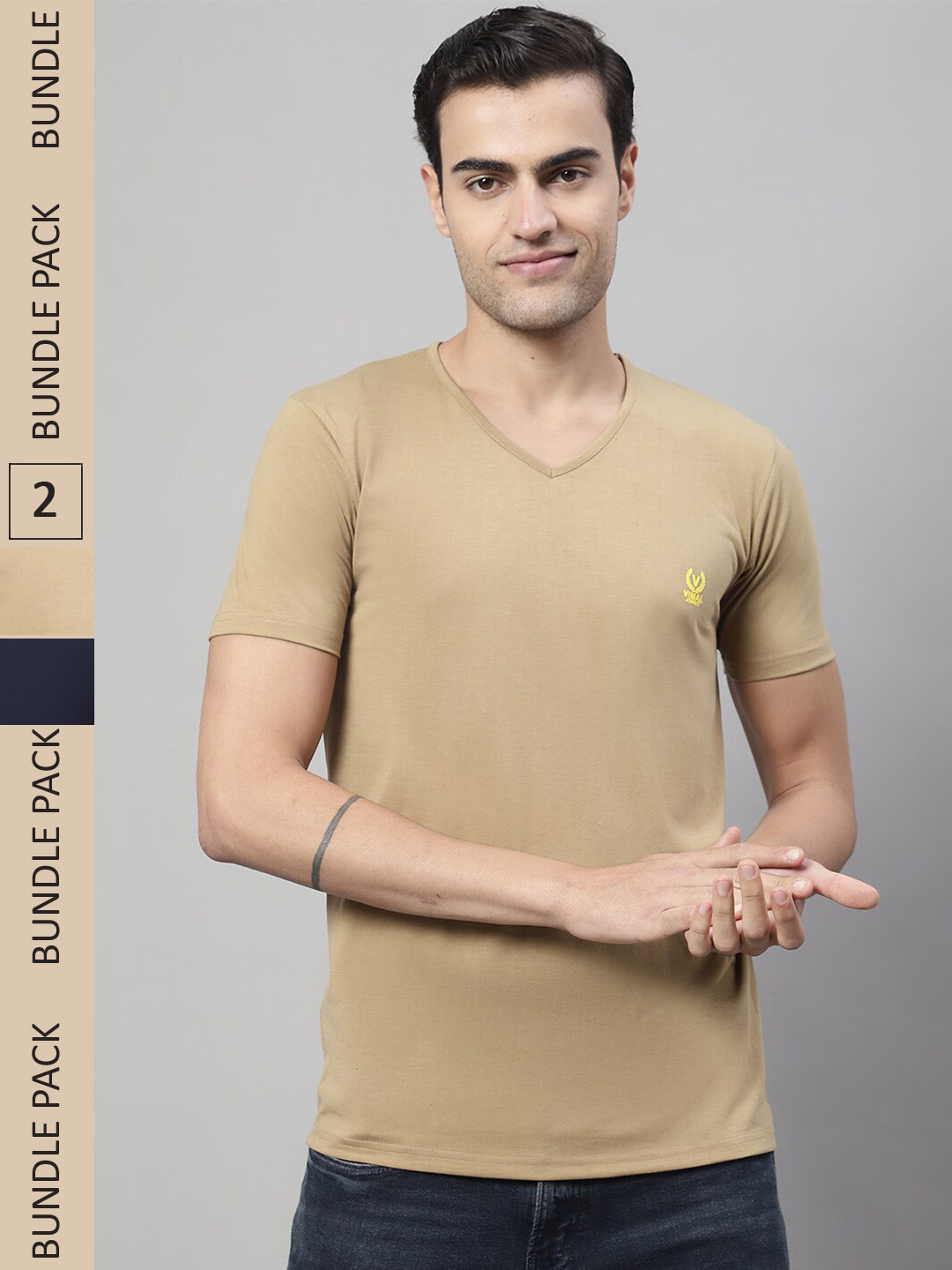 

VIMAL JONNEY Pack Of 2 V-Neck Cotton T-shirt, Beige