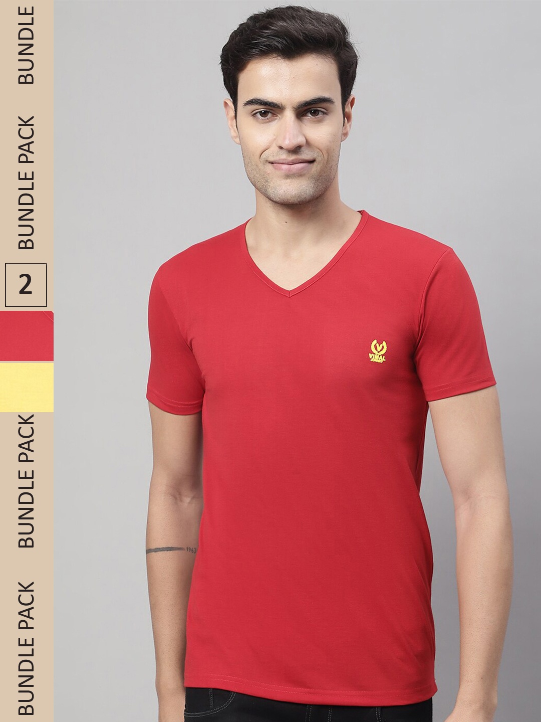 

VIMAL JONNEY Pack Of 2 V-Neck Cotton T-shirt, Red