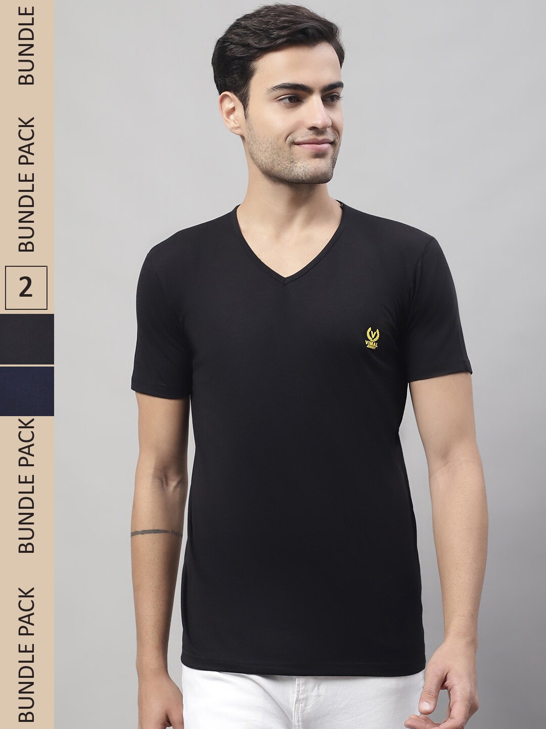 

MACK JONNEY Pack of 2 V-Neck Cotton T-shirt, Black